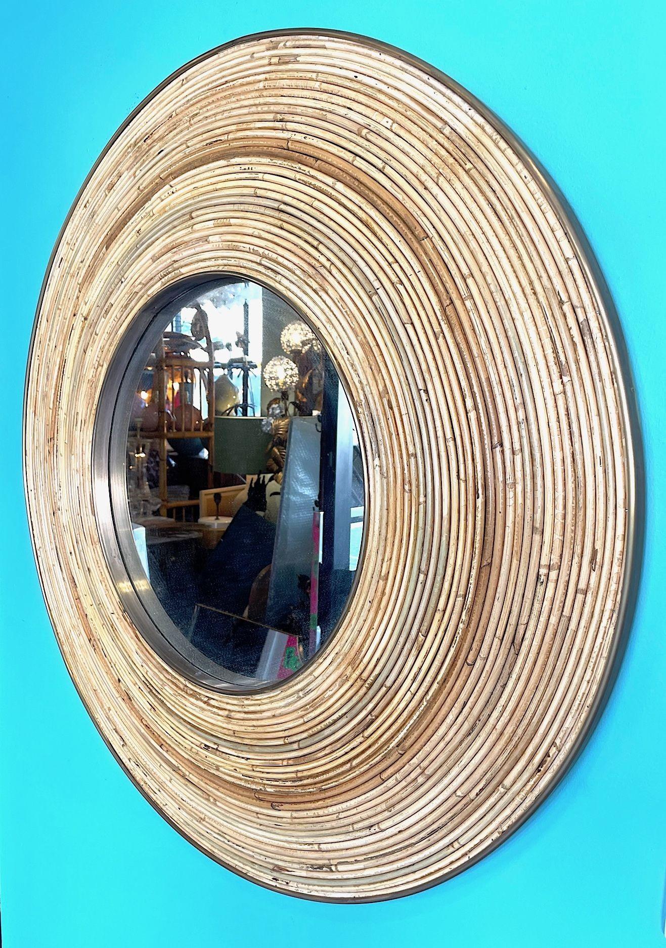 Large Italian Circular Bamboo and Brass Mirror For Sale 4