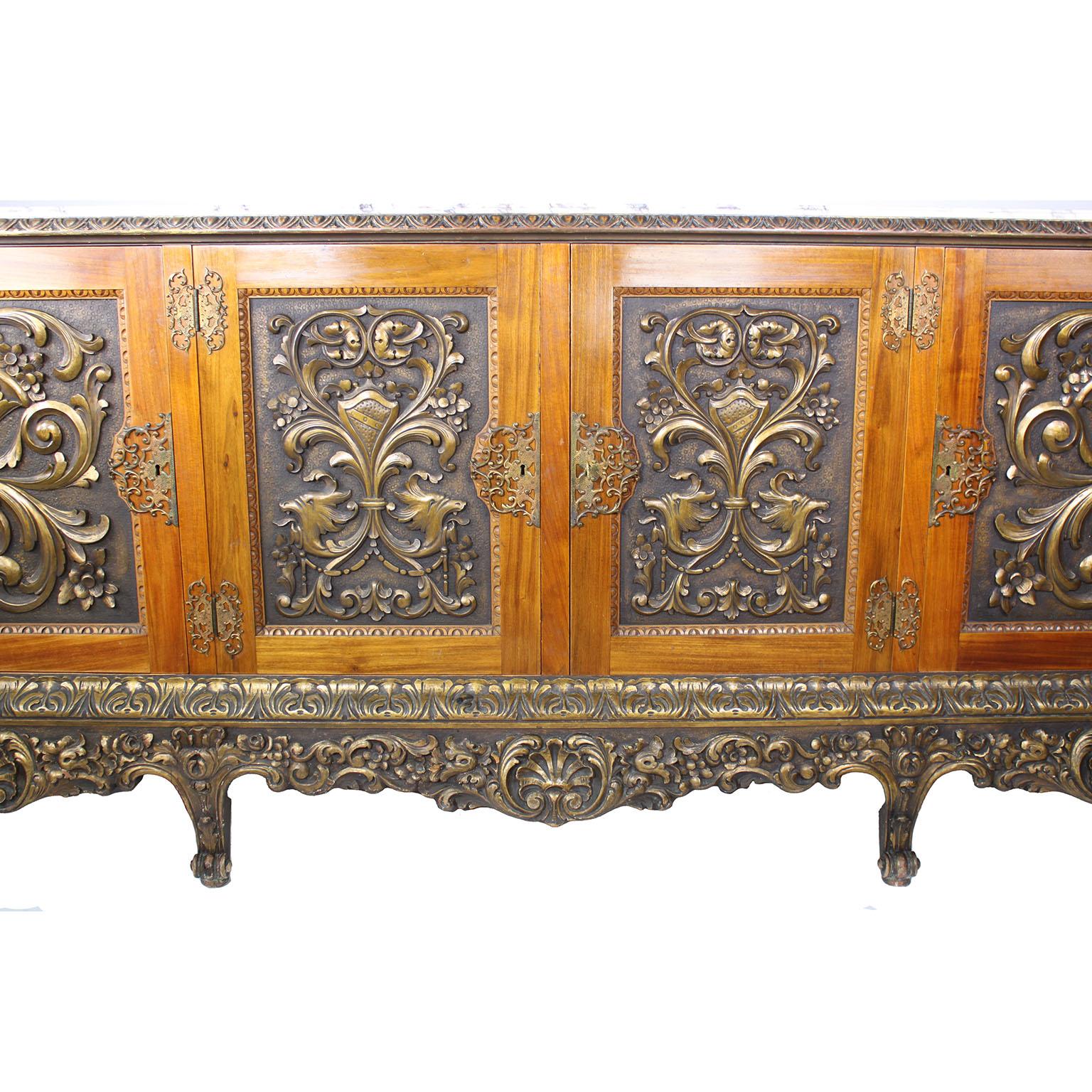 Hand-Carved Large Italian Early 20th Century Gildwood Carved Server Buffet with Marble Top For Sale