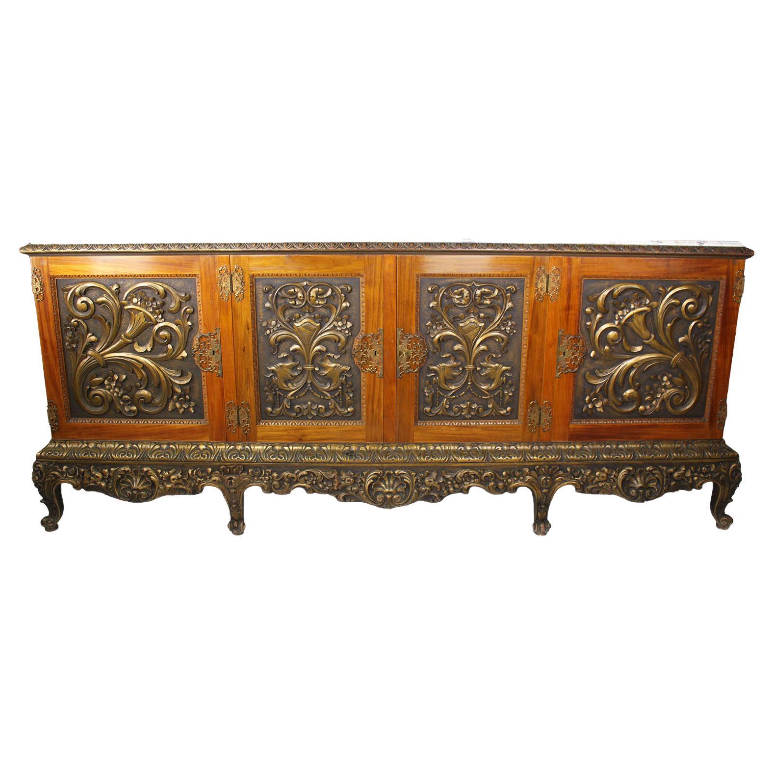 Large Italian Early 20th Century Gildwood Carved Server Buffet with Marble Top For Sale