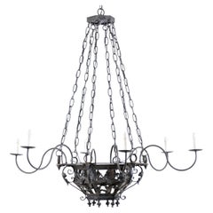 Large Italian Forged-Iron, Basket Style, Six-Light Chandelier, Early 20th C.