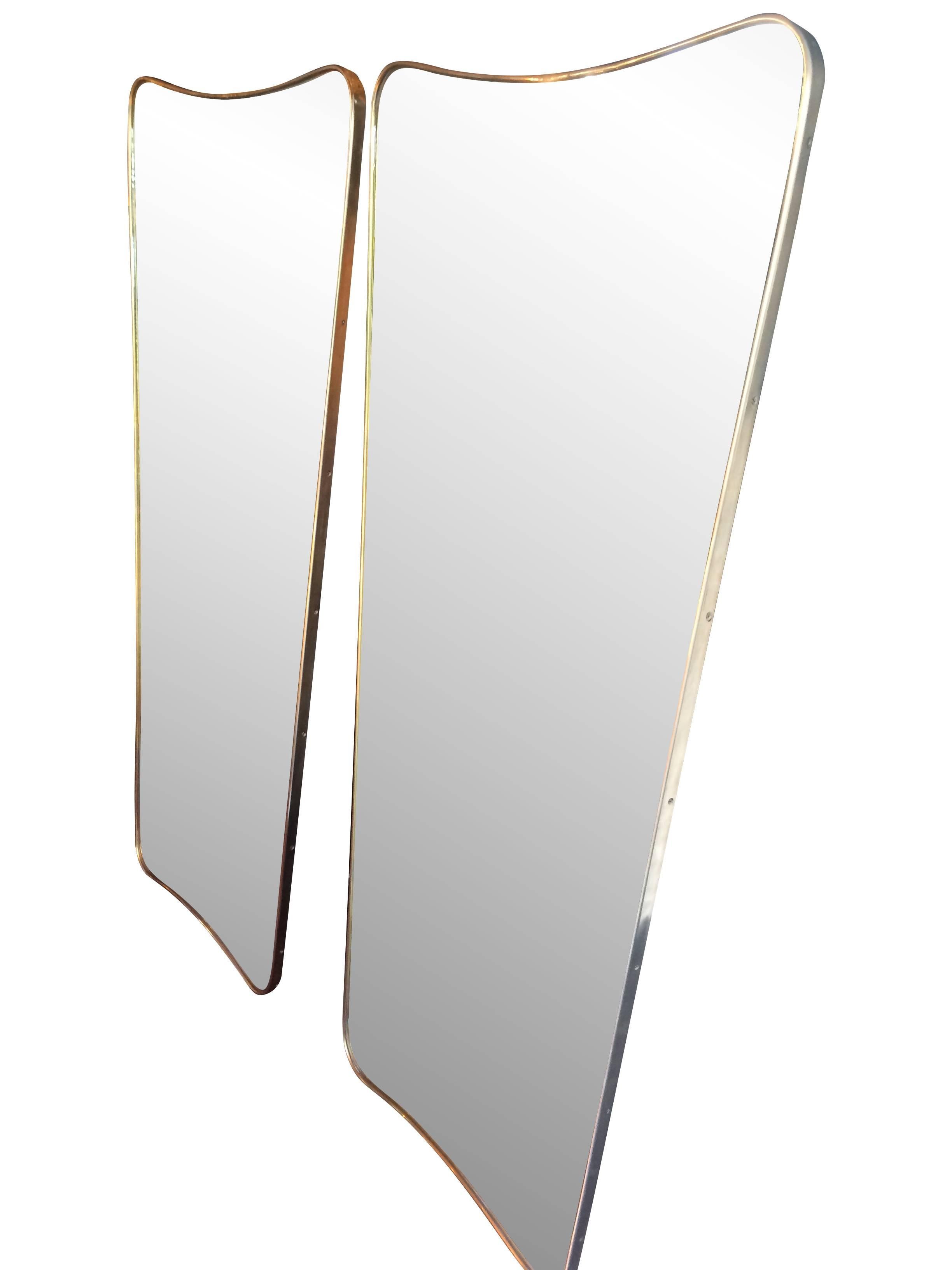 Mid-Century Modern Large Italian Shield Mirror With Brass Surround In The Style Of Gio Ponti