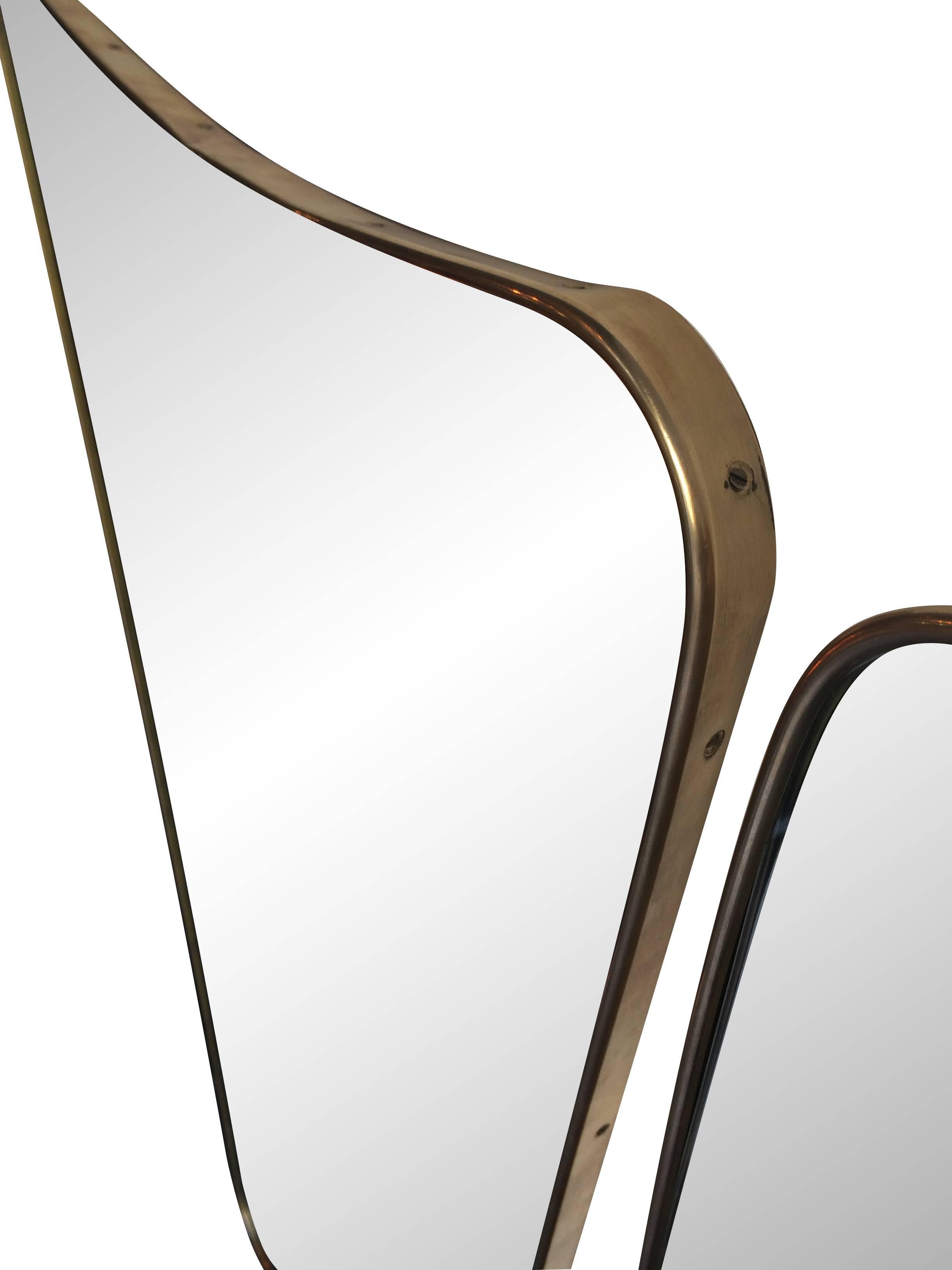 Large Italian Shield Mirror With Brass Surround In The Style Of Gio Ponti 1