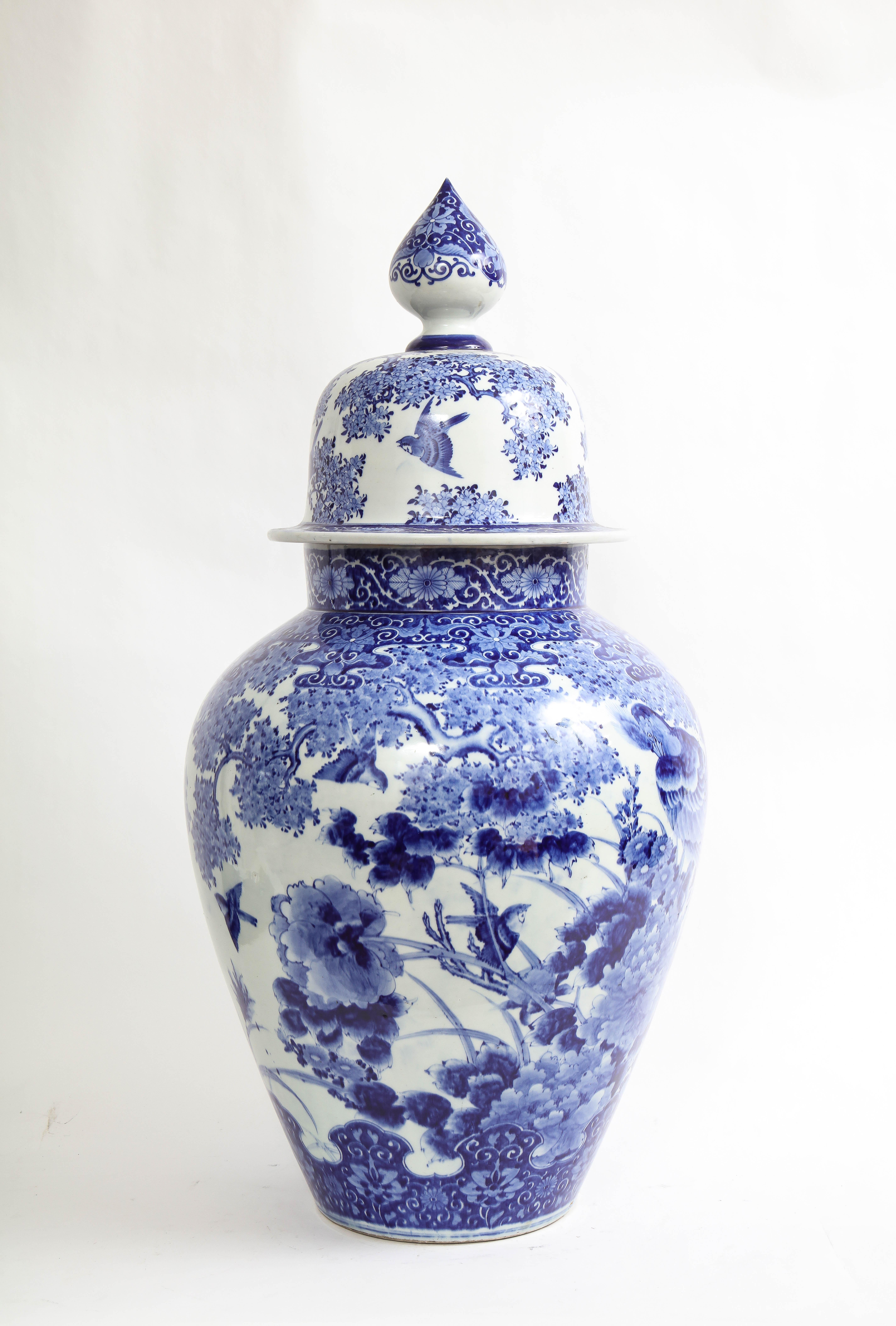 Meiji Large Japanese Blue and White Covered Vase with Pheasant and Flower Decoration For Sale