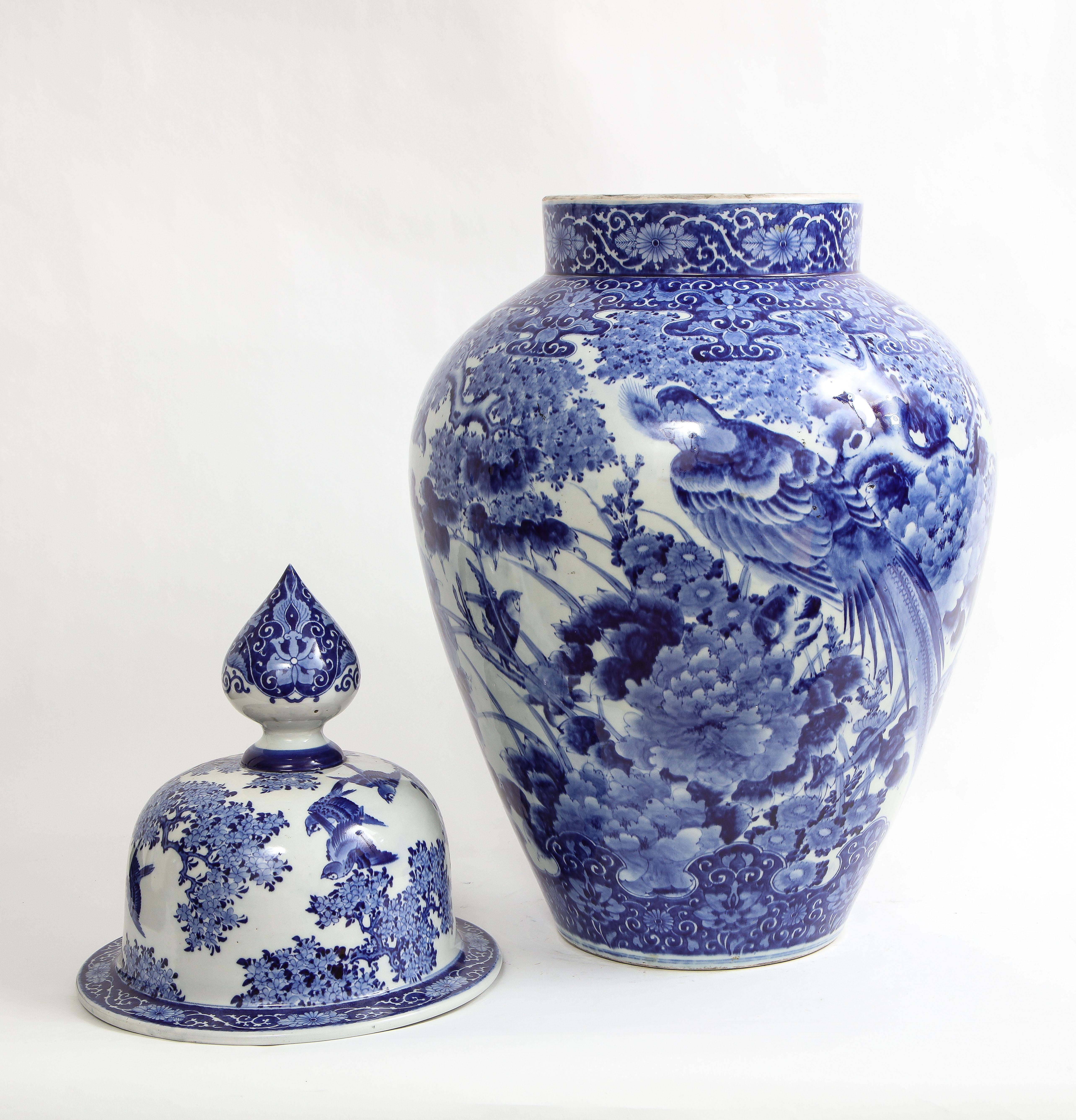 Large Japanese Blue and White Covered Vase with Pheasant and Flower Decoration For Sale 1