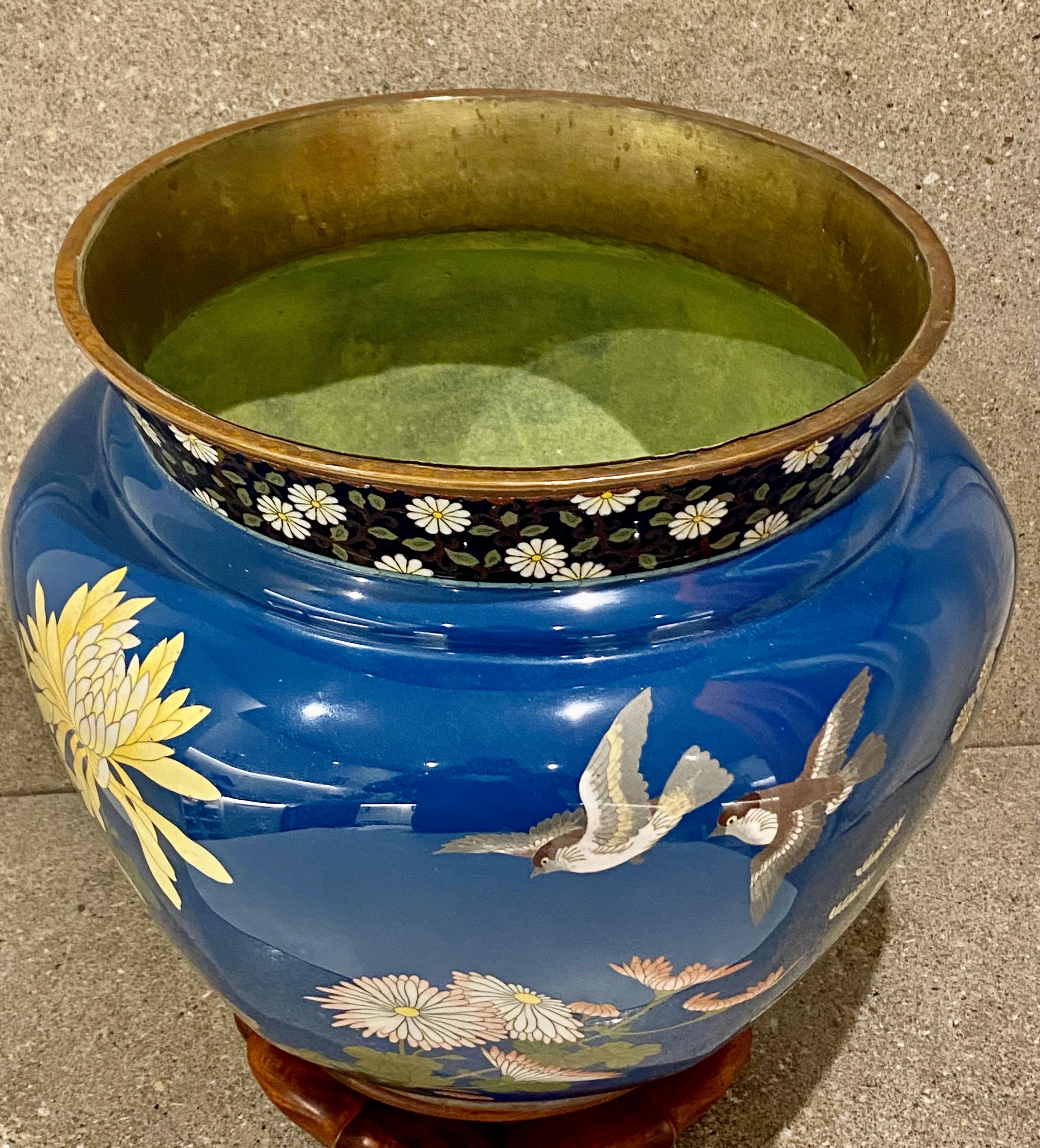 Large Japanese Cloisonne Jardiniere, Decorated with Flowers and Birds 6