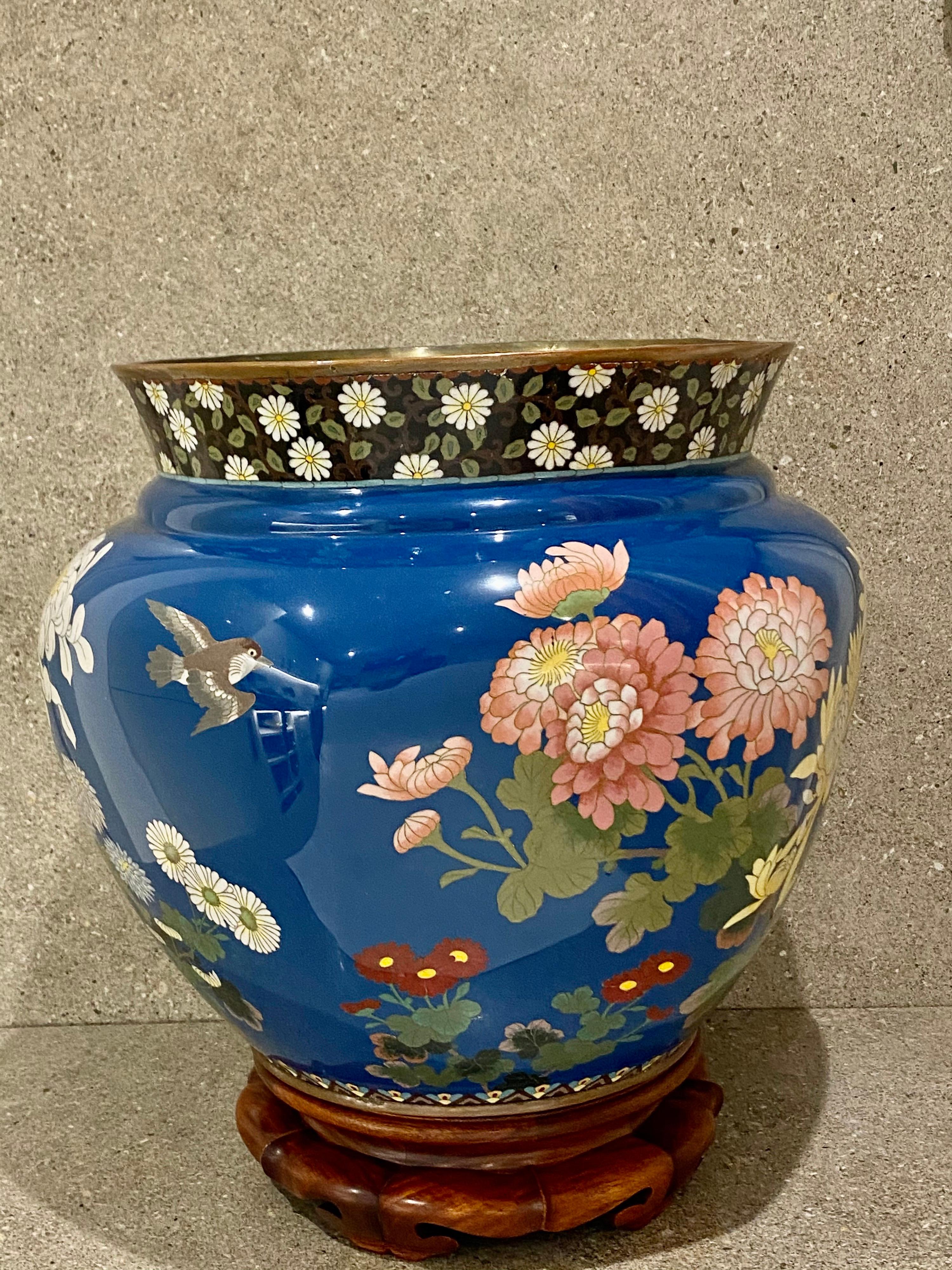 Large Japanese Cloisonne Jardiniere, Decorated with Flowers and Birds 7