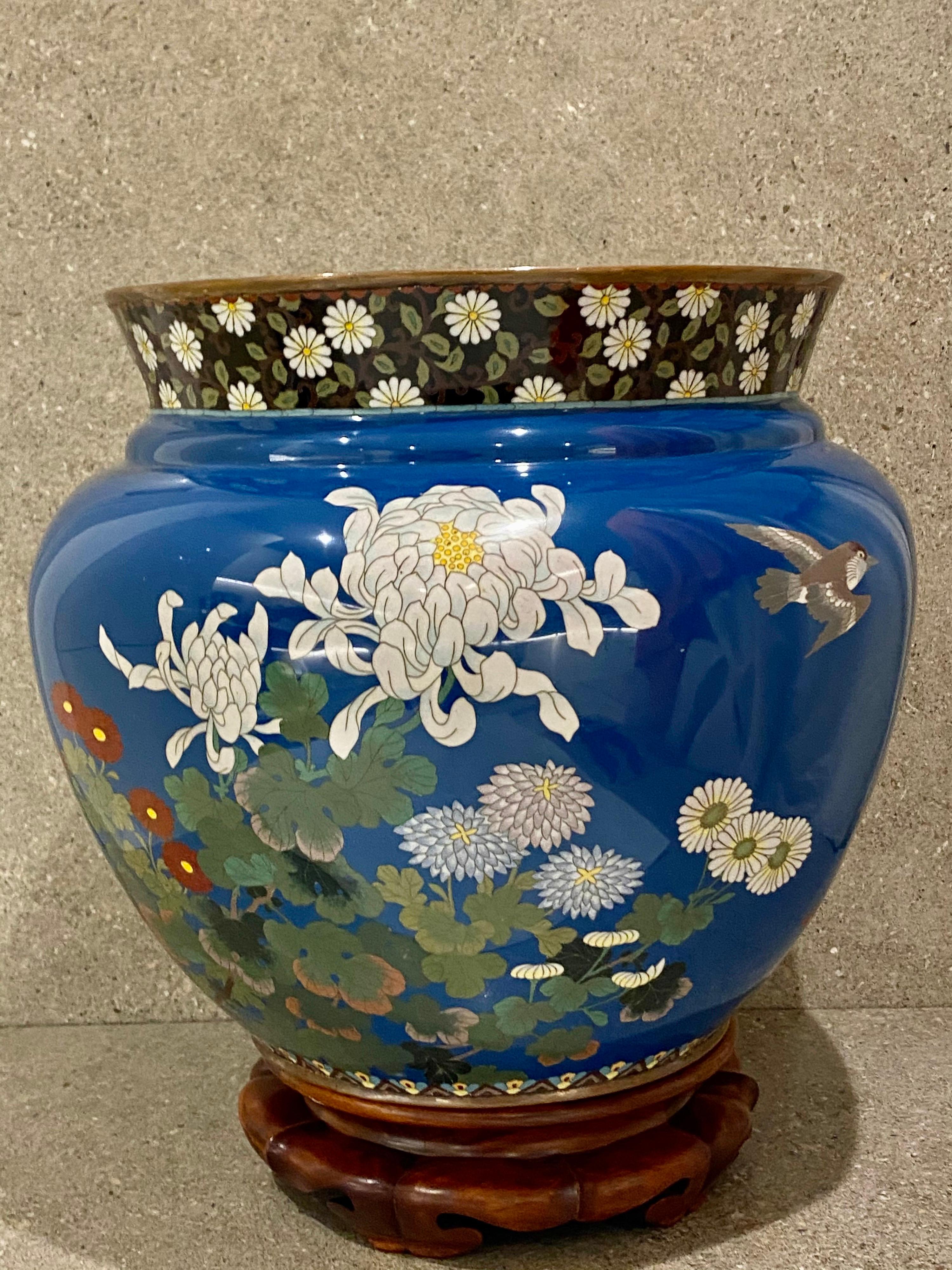 Large Japanese Cloisonne Jardiniere, Decorated with Flowers and Birds 8
