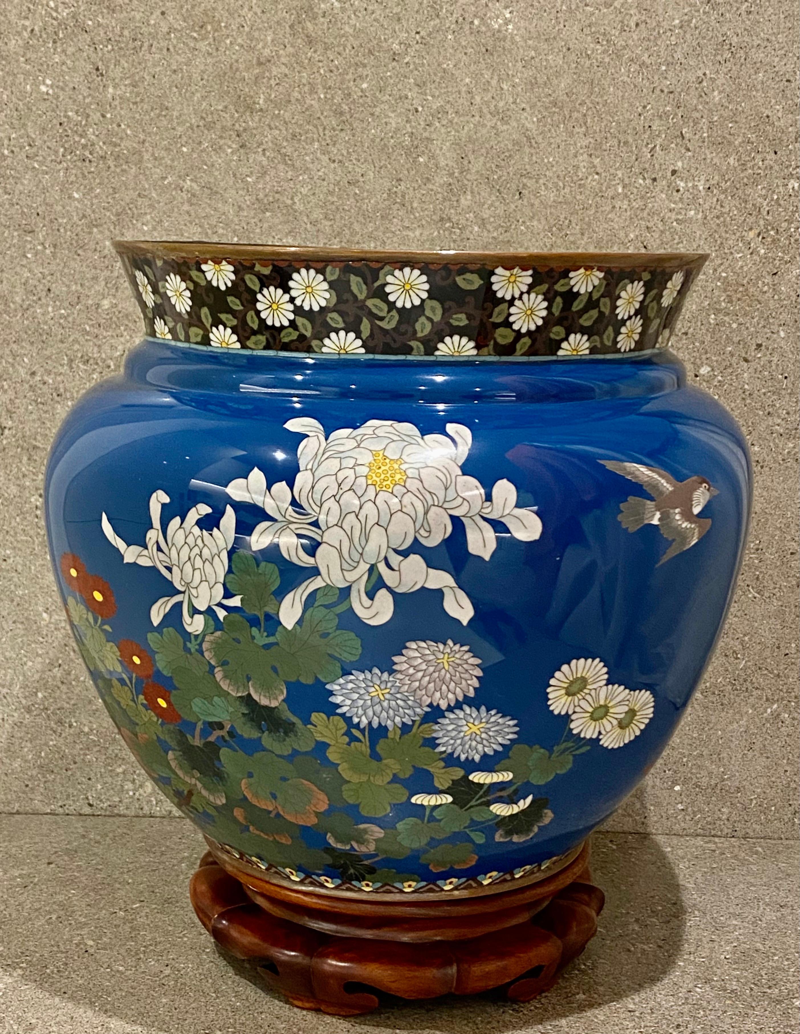Meiji Large Japanese Cloisonne Jardiniere, Decorated with Flowers and Birds