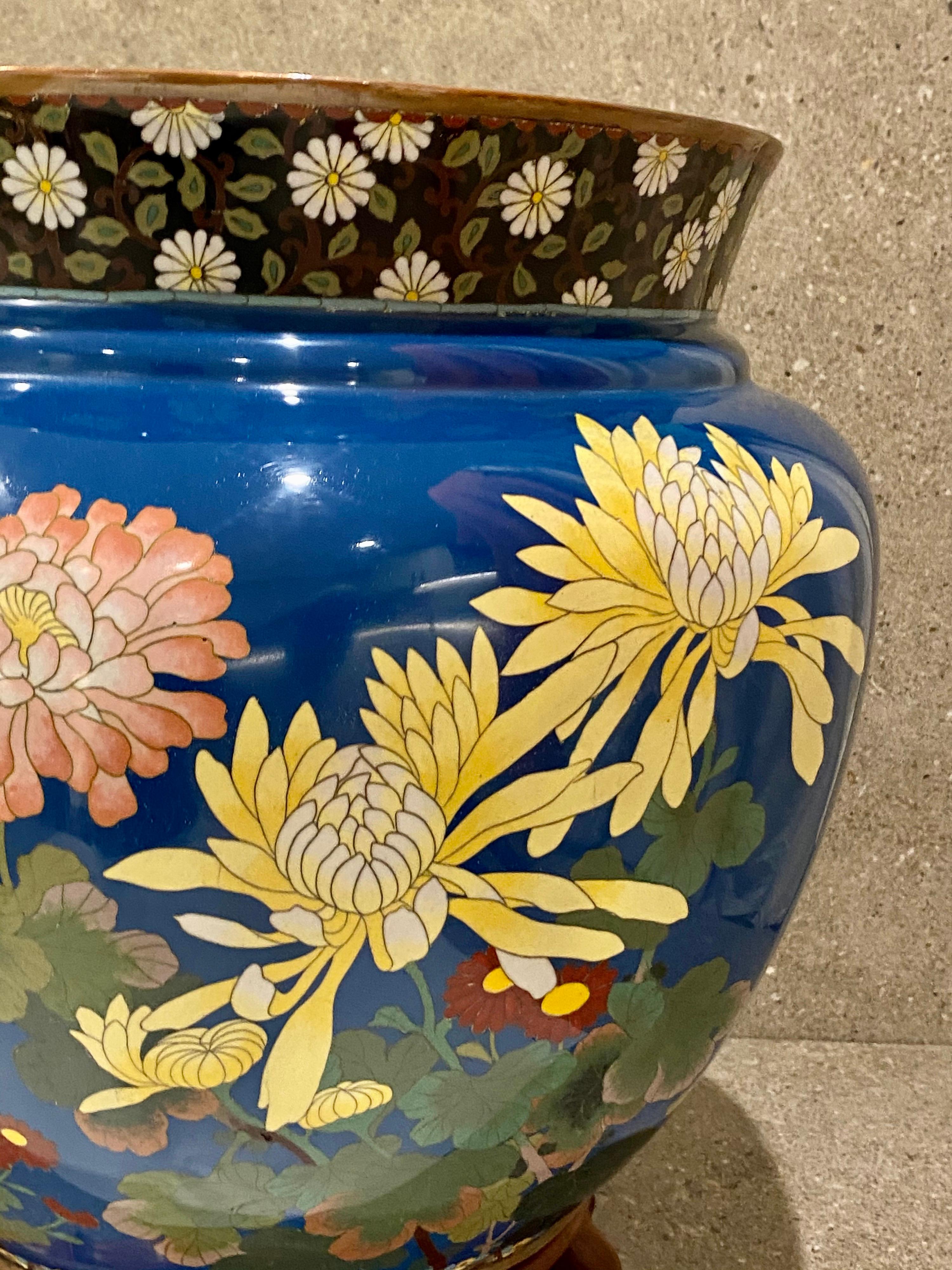 Late 19th Century Large Japanese Cloisonne Jardiniere, Decorated with Flowers and Birds