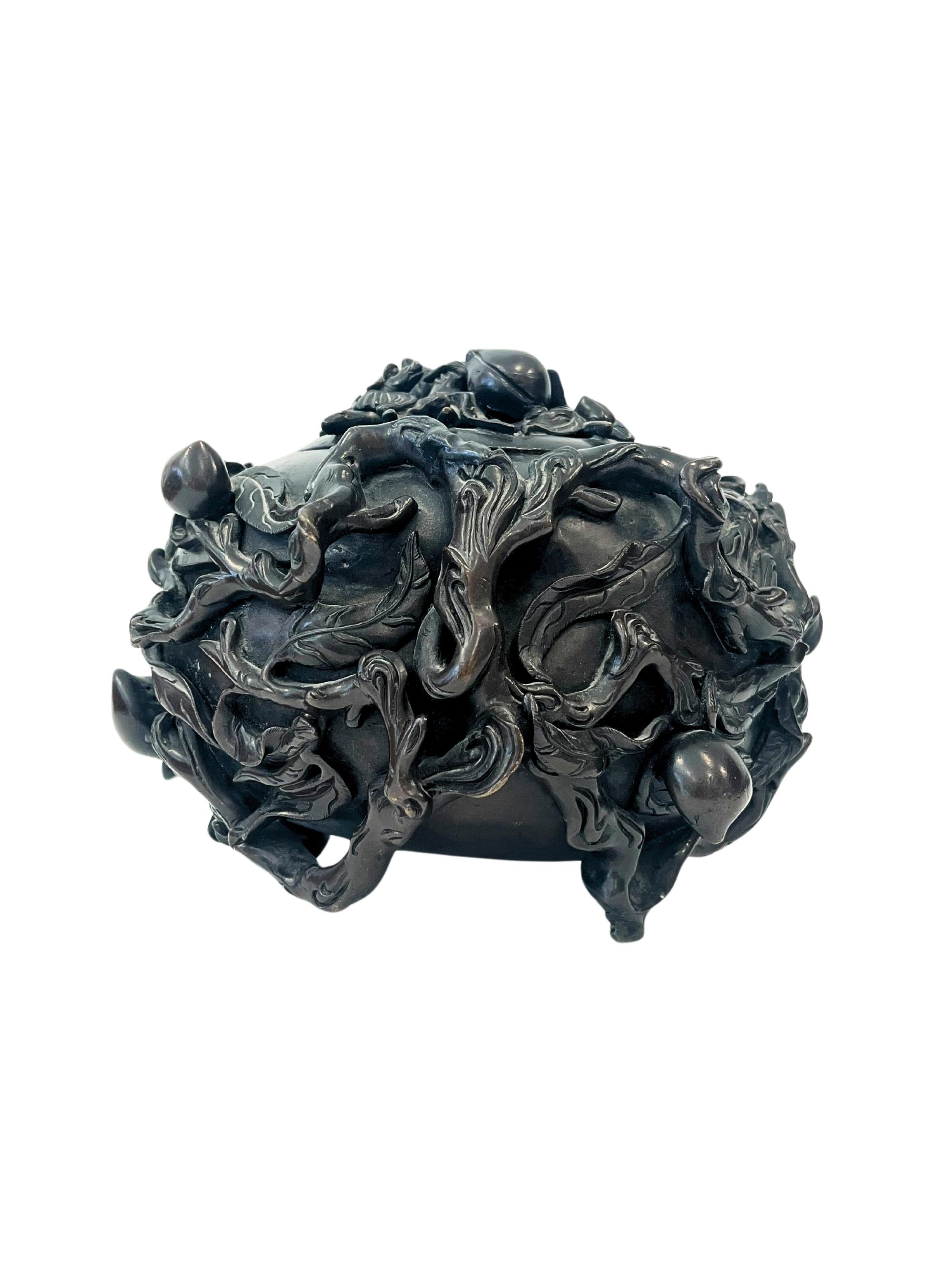 Patinated A Large Japanese Meiji Period Bronze Decorated Censor and Cover
