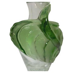 A Large Lalique "Tanega" Crystal Green Leaf Design Vase Marie Claude 1989