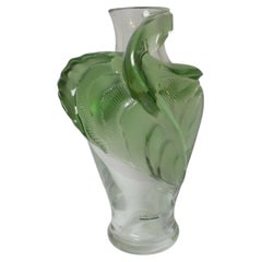 A Large Lalique "Tanega" Crystal Green Leaf Design Vase Marie Claude 1989