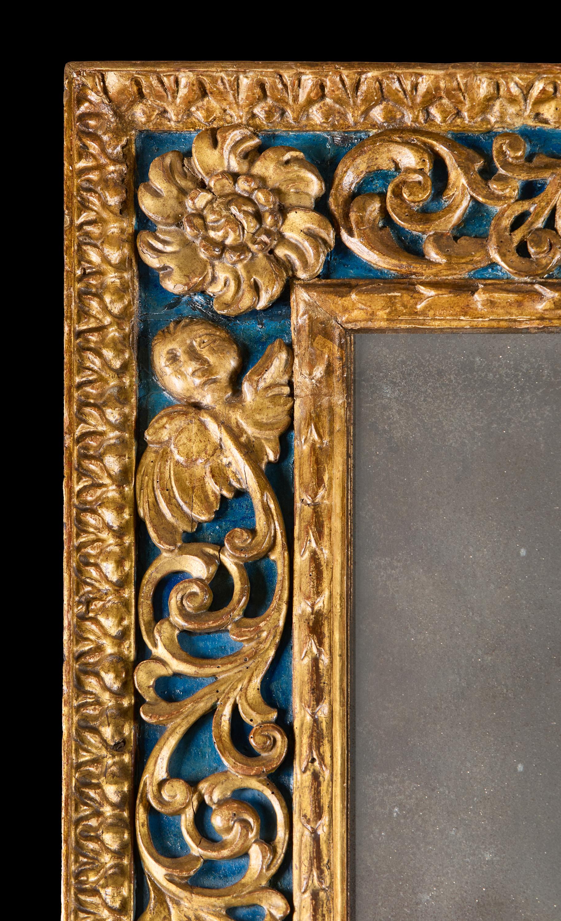 Gran espejo de pared florentino de madera dorada y azul de finales del siglo XVII en Bueno Estado en London, GB