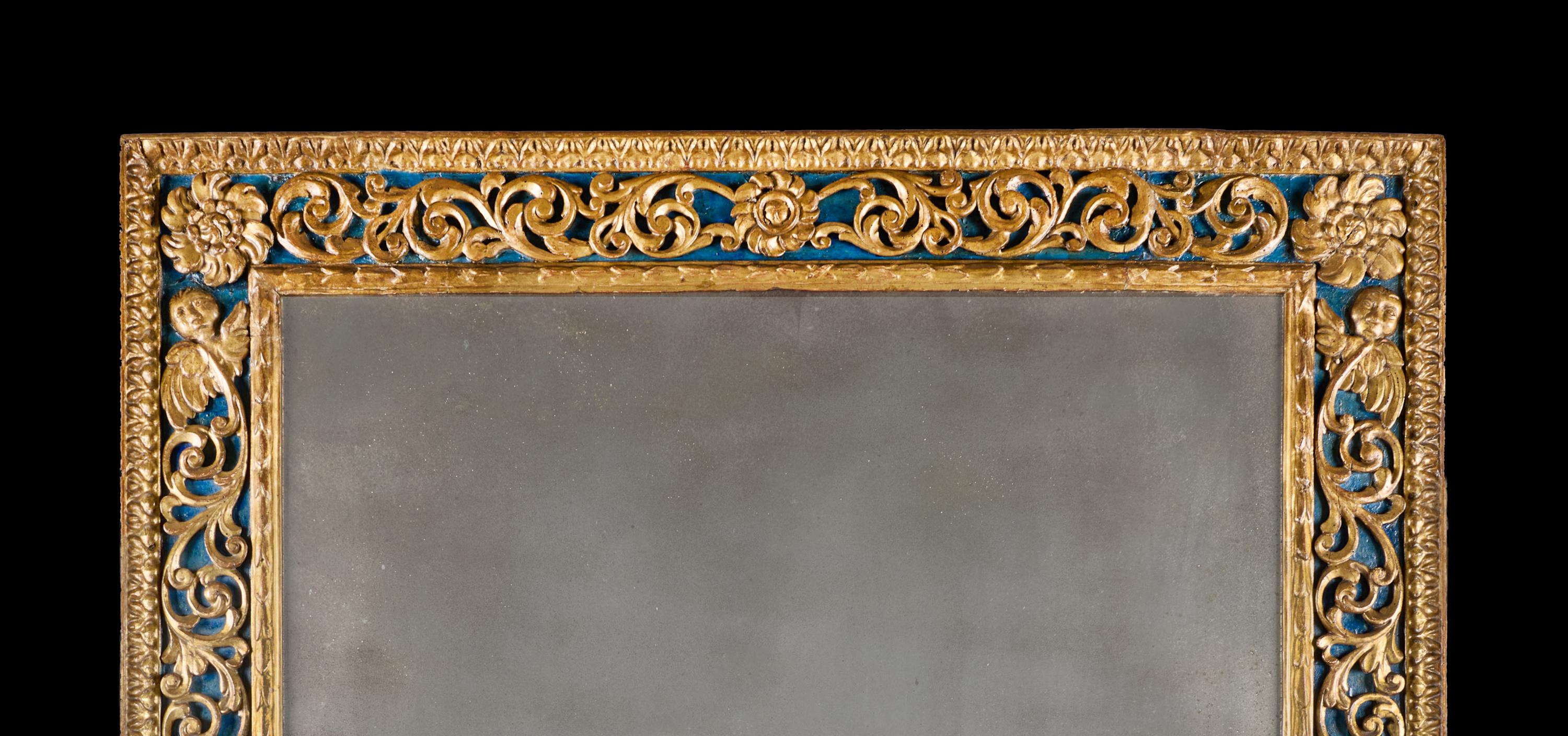 Gran espejo de pared florentino de madera dorada y azul de finales del siglo XVII siglo XVIII y antes