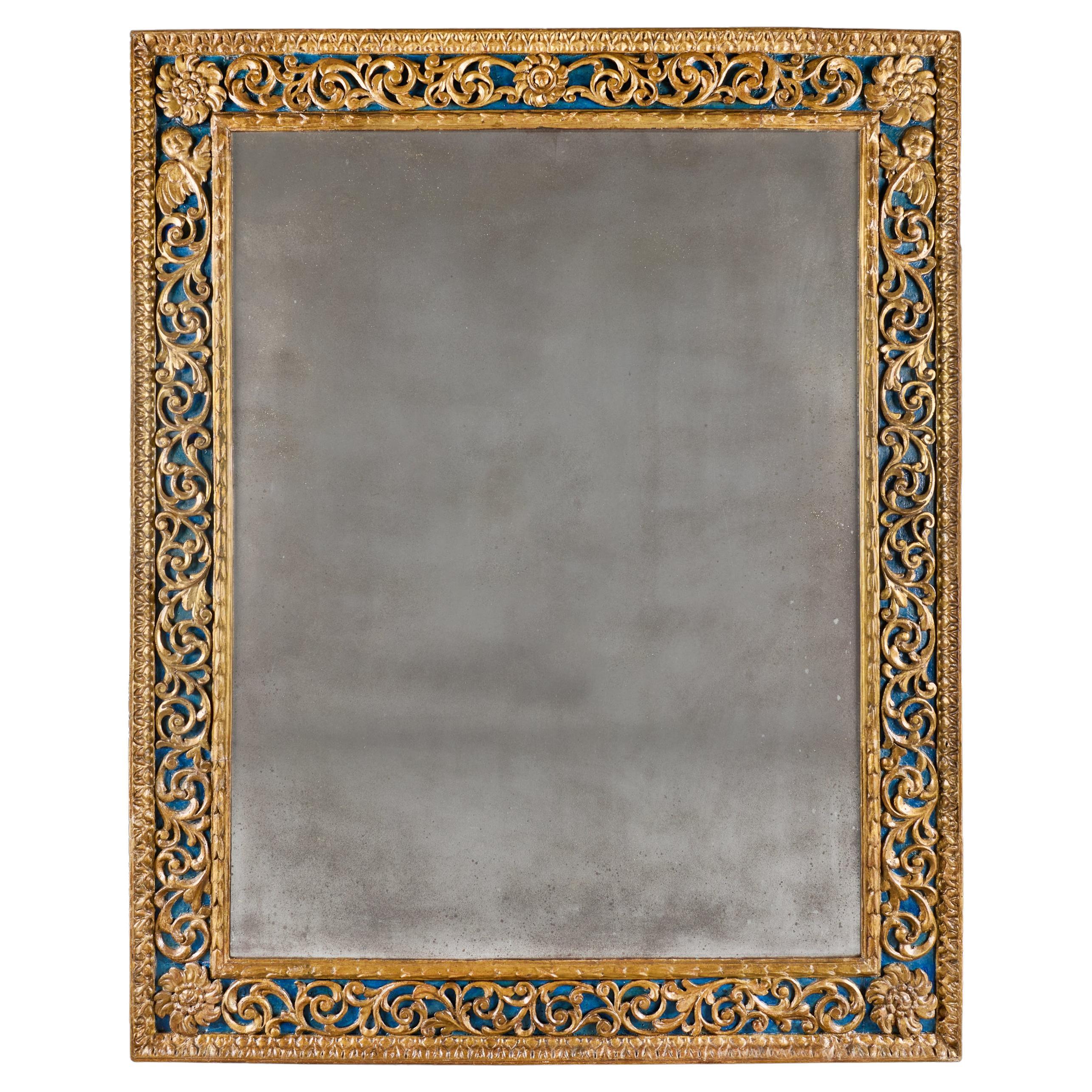 Grand miroir mural en bois doré et bleu de Florentine de la fin du XVIIe siècle