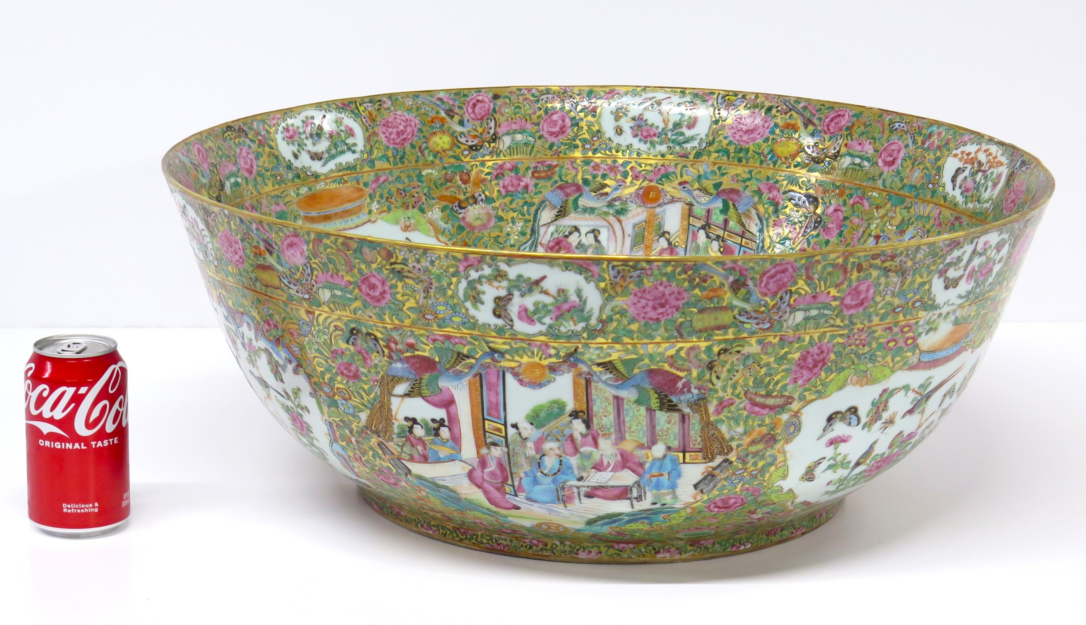 Hand-Painted A Large Late 19th Century Chinese Export Rose Medallion Porcelain Punch Bowl