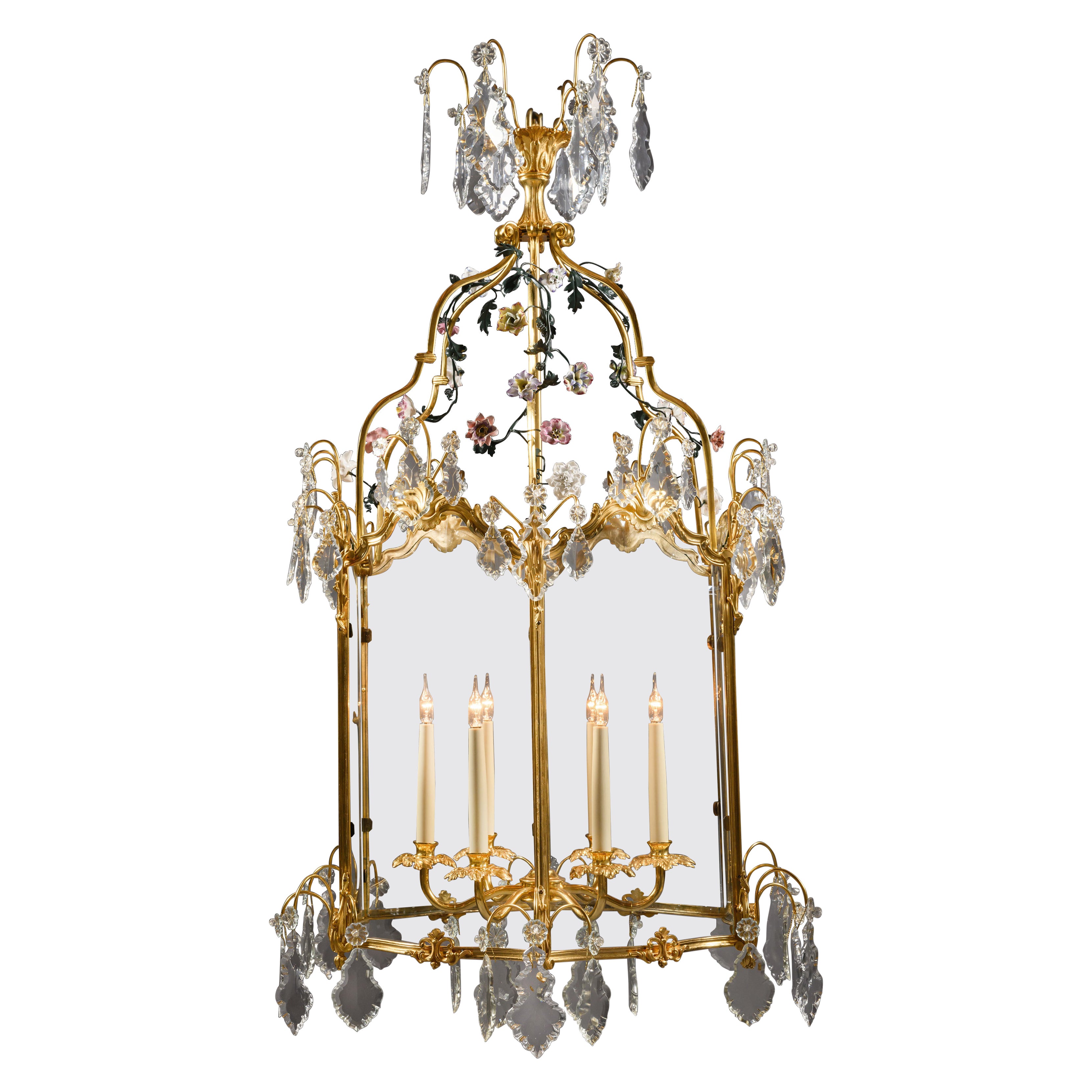 A Large Louis XV Style Gilt-Bronze and Glass Hexagonal Lantern