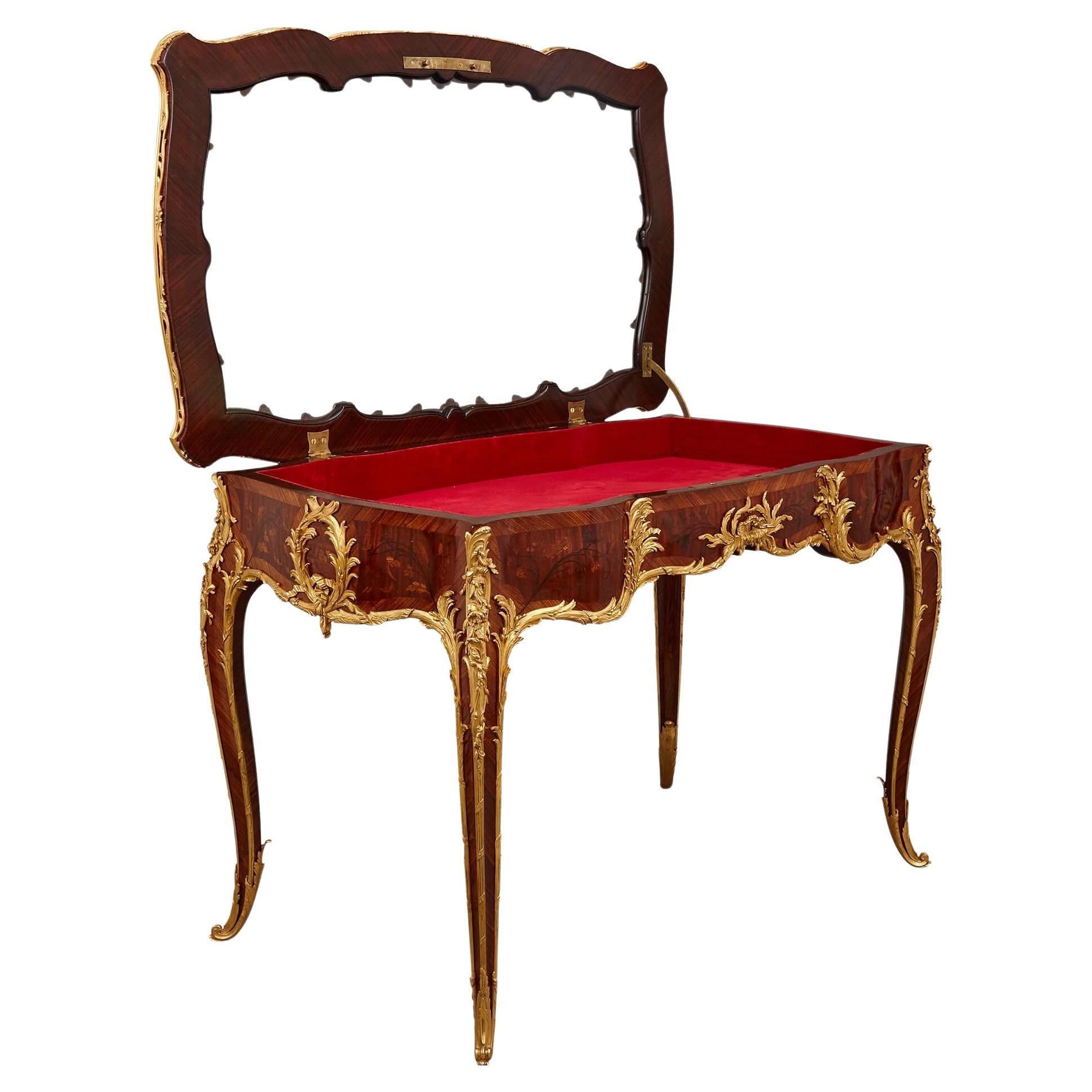 A large Louis XV style ormolu mounted marquetry table vitrine by Linke For Sale