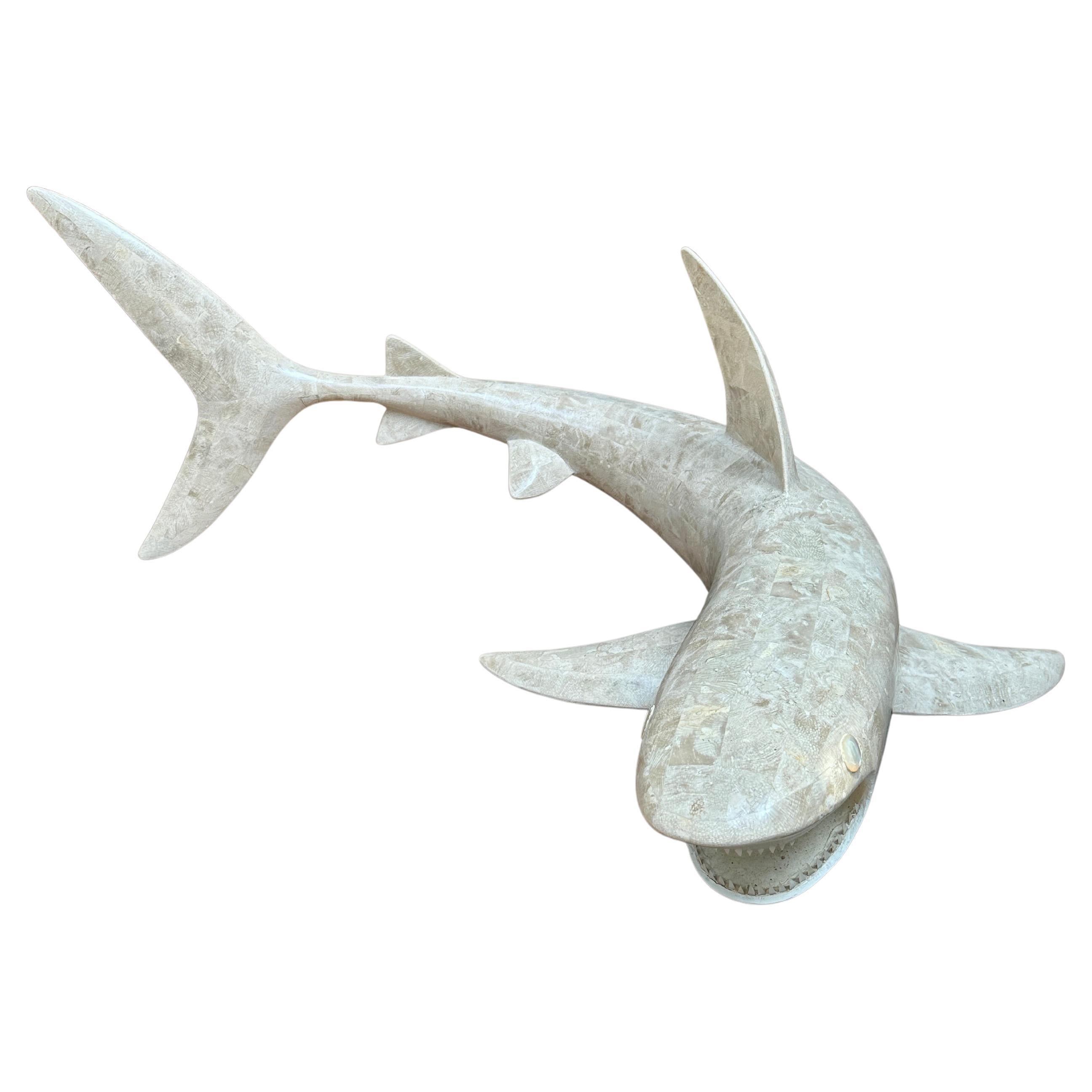 A very large tessellated marble sculpture of a shark, at 111cm wide an impressive piece. The movement captured very well, jaws agape and aggressive posture. Greta scale, size and form. A truly unusual piece.