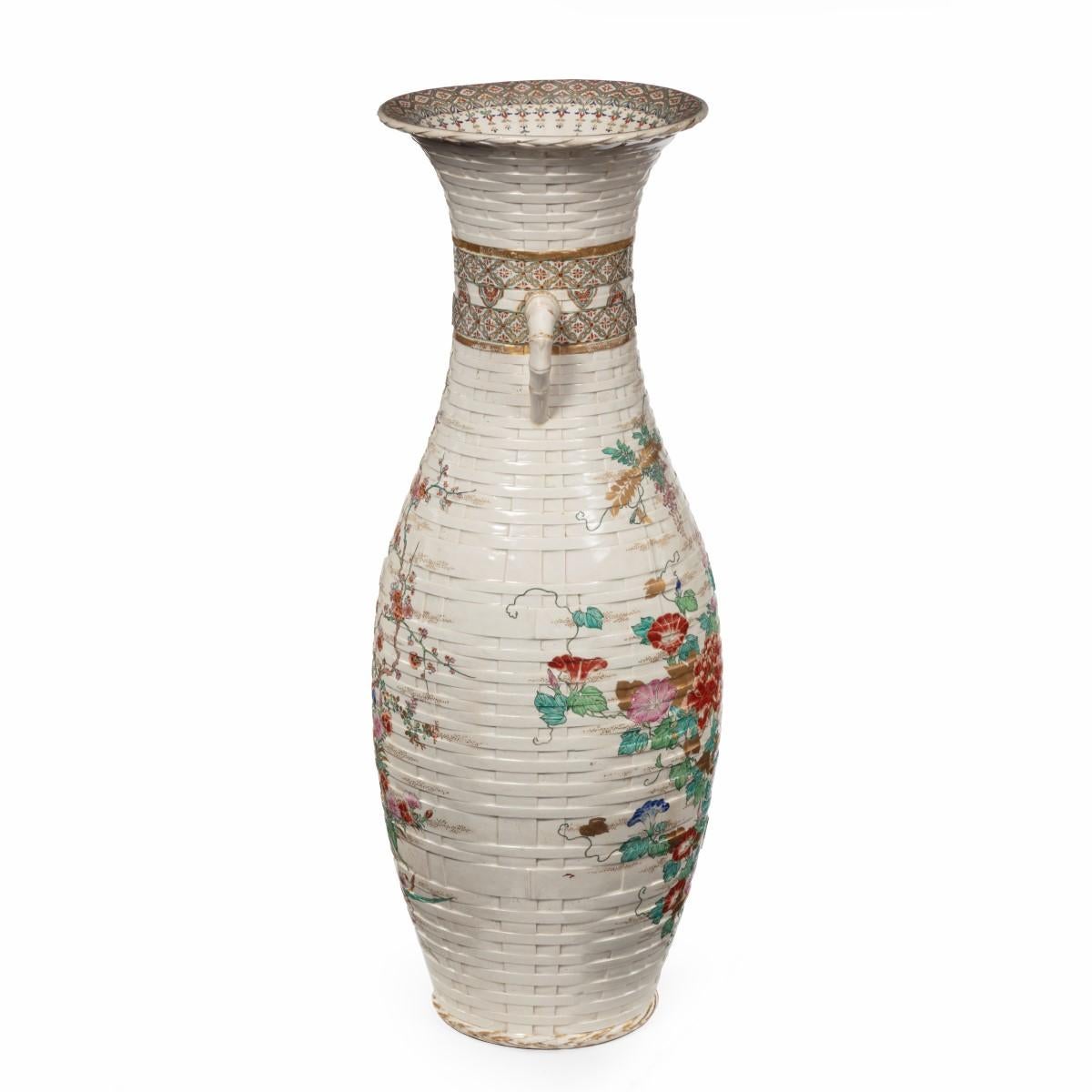 Japanese Large Meiji Period Satsuma Earthenware Floor Vase For Sale