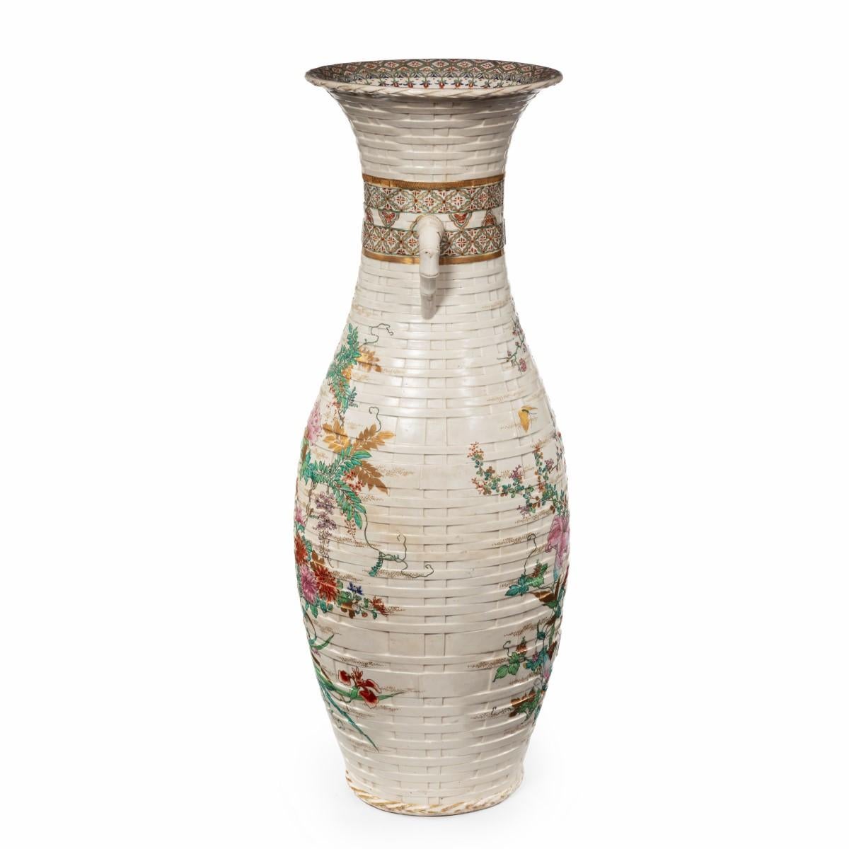 Painted Large Meiji Period Satsuma Earthenware Floor Vase For Sale