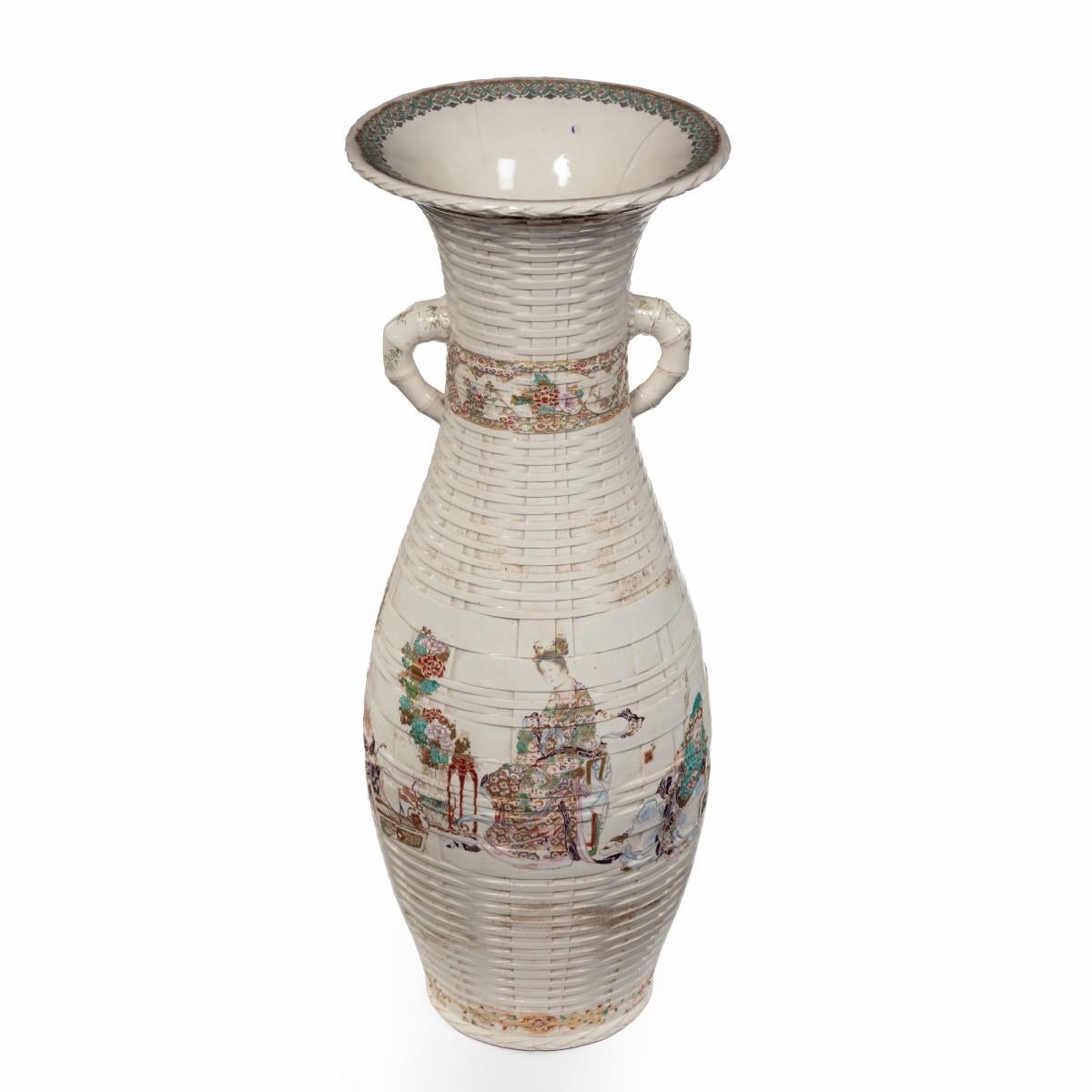 Painted Large Meiji Period Satsuma Earthenware Floor Vase For Sale