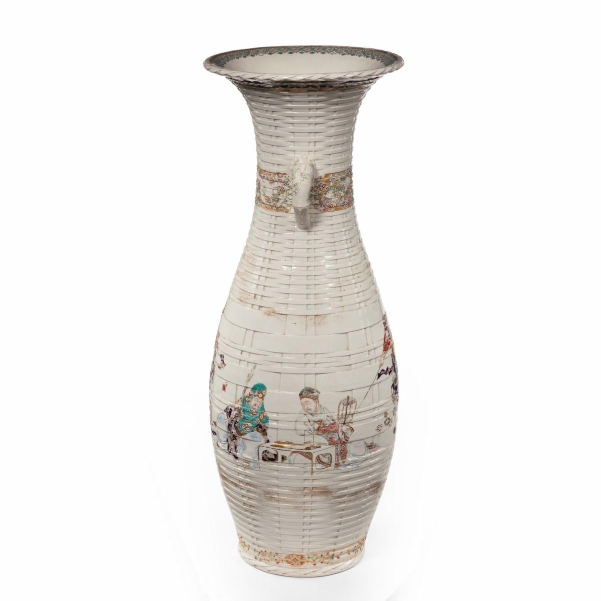 Enamel Large Meiji Period Satsuma Earthenware Floor Vase For Sale