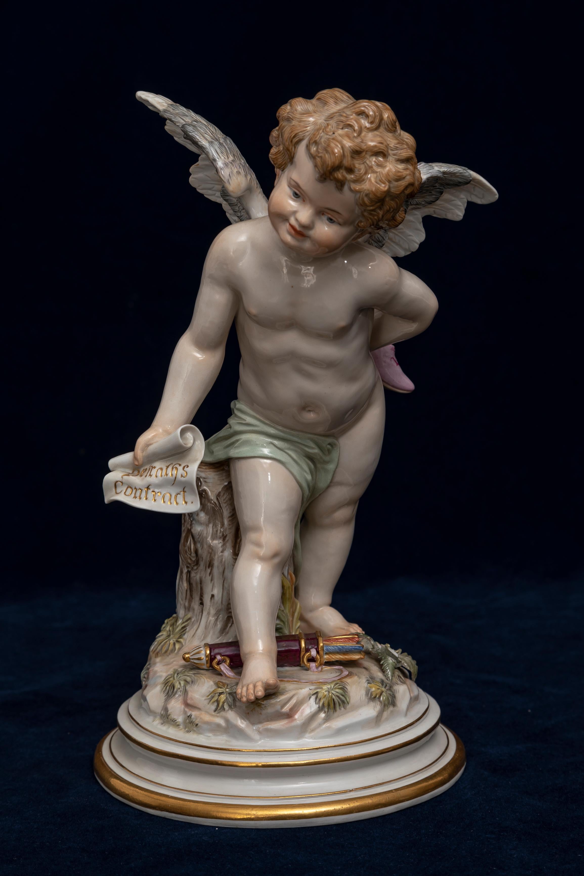 Eine prächtige und seltene große Meissener Porzellan Devisenkinder Amor-Figur mit hervorragender Qualität Malerei und Markierung. Das Konzept stammt aus Otto van Veens Embleme der Liebe, das 1608 in Antwerpen mit Versen in Latein, Englisch und