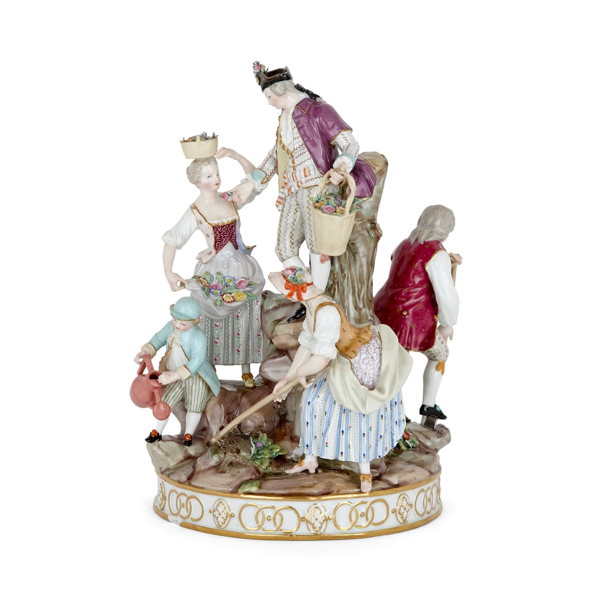 Taken from a model of 1772 by M.C. Avier and J.C. Schönheit, this charming porcelain group by the Meissen manufactory depicts a group of five figures around a central rock mound, involved in various idyllic activities relating to gardening and rural