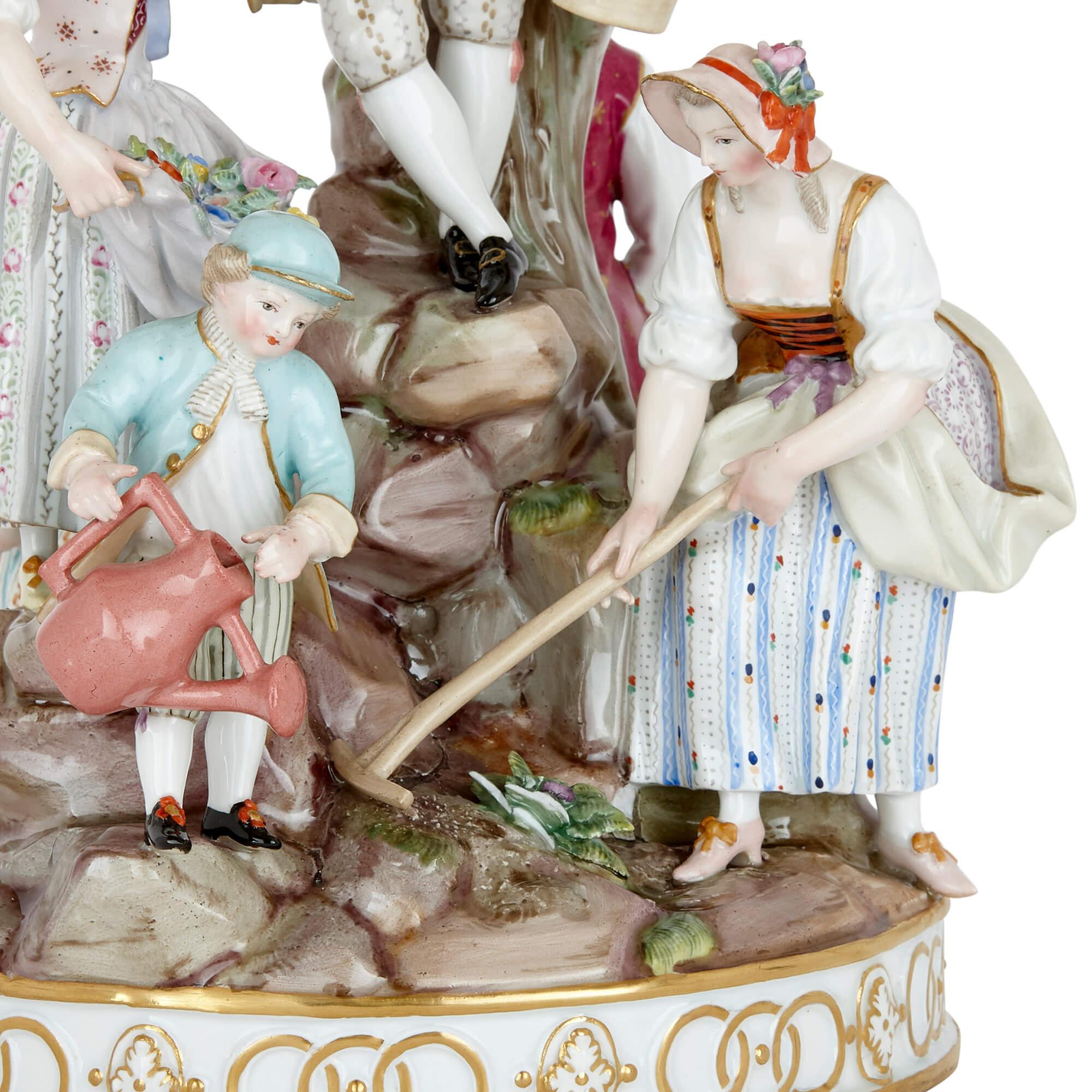 Rococo Grand groupe de jardiniers en porcelaine de Meissen, fin du 19ème siècle en vente