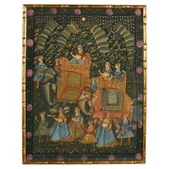 Large Mid-20th Century Painted Textile Depicting an Elephant Procession