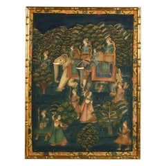 Large Mid-20th Century Painted Textile Depicting an Elephant Procession