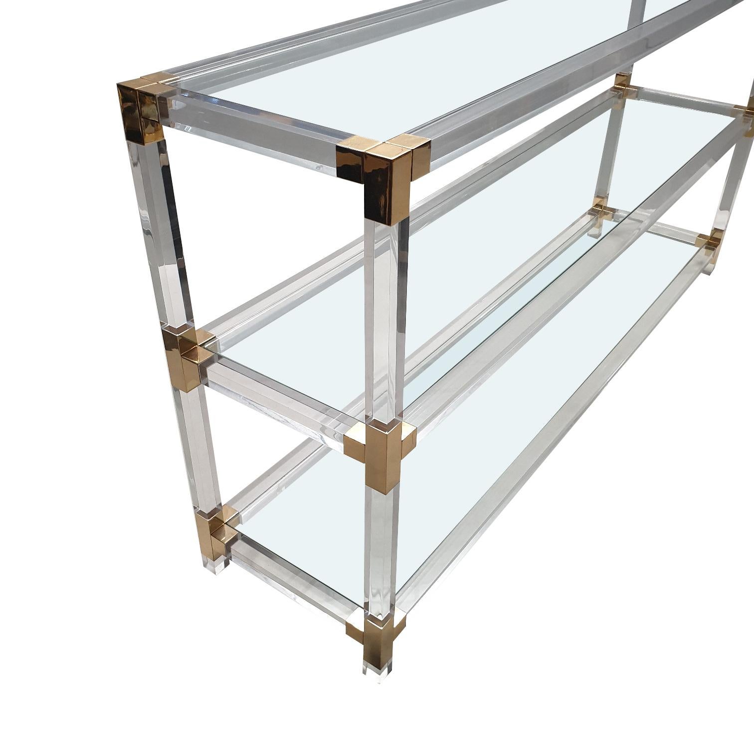 Mid-Century Modern Large Midcentury Lucite and Gilt Metal Console Table with Glass Shelves