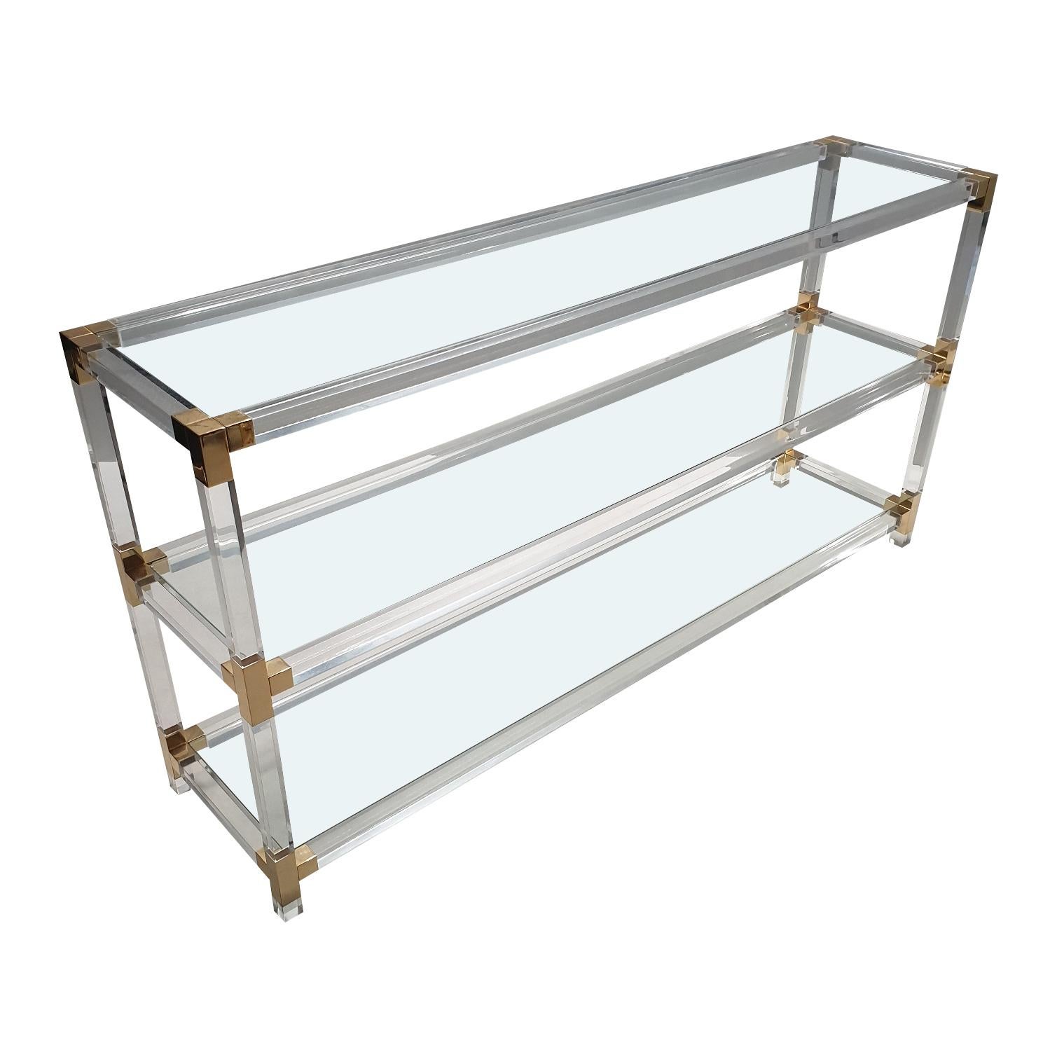 French Large Midcentury Lucite and Gilt Metal Console Table with Glass Shelves