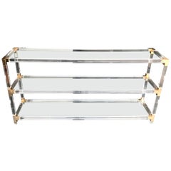 Large Midcentury Lucite and Gilt Metal Console Table with Glass Shelves