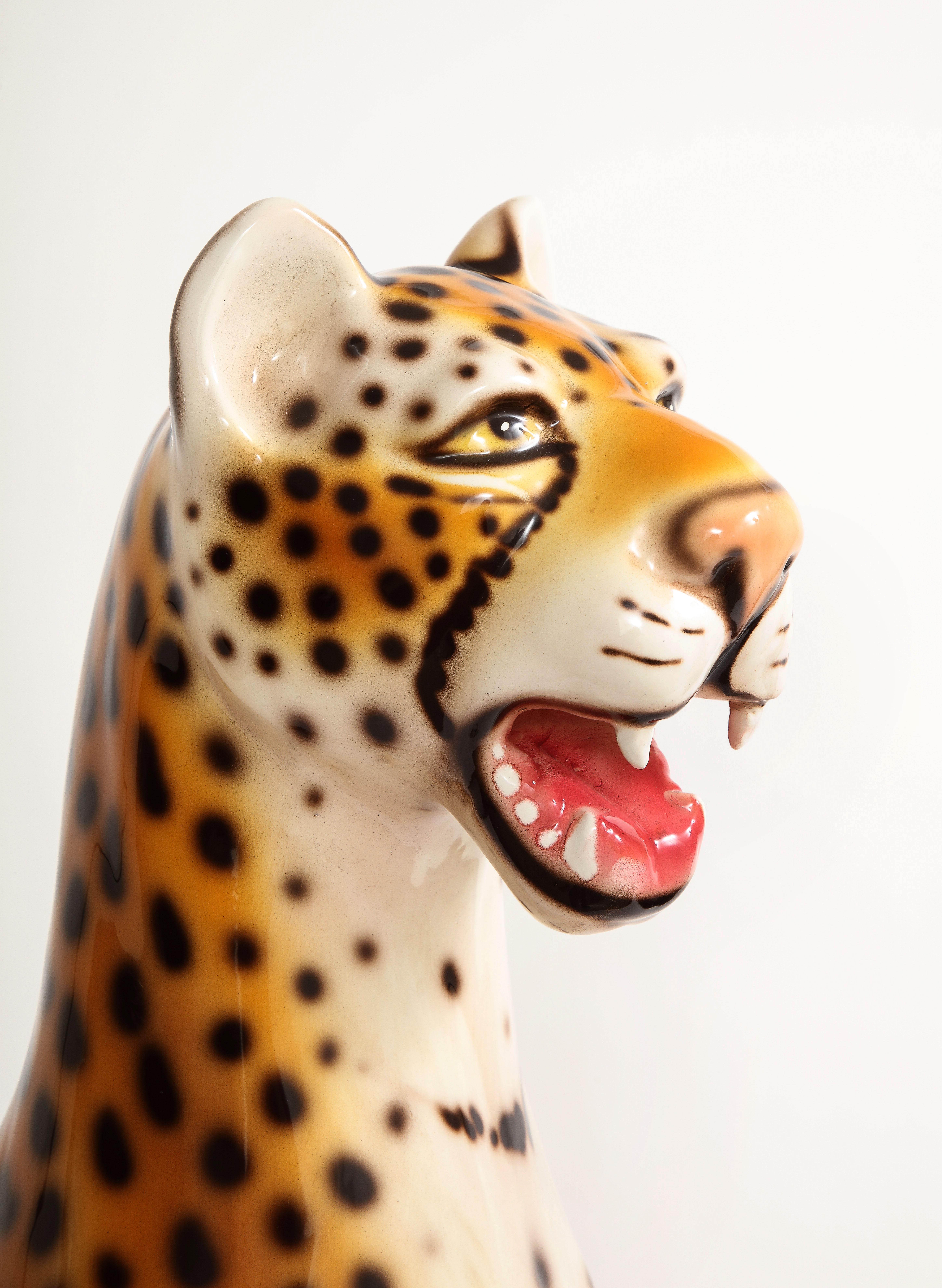 Hollywood Regency Large Mid-Century Modern Italian Ceramic Sculpture of a Seated Jaguar