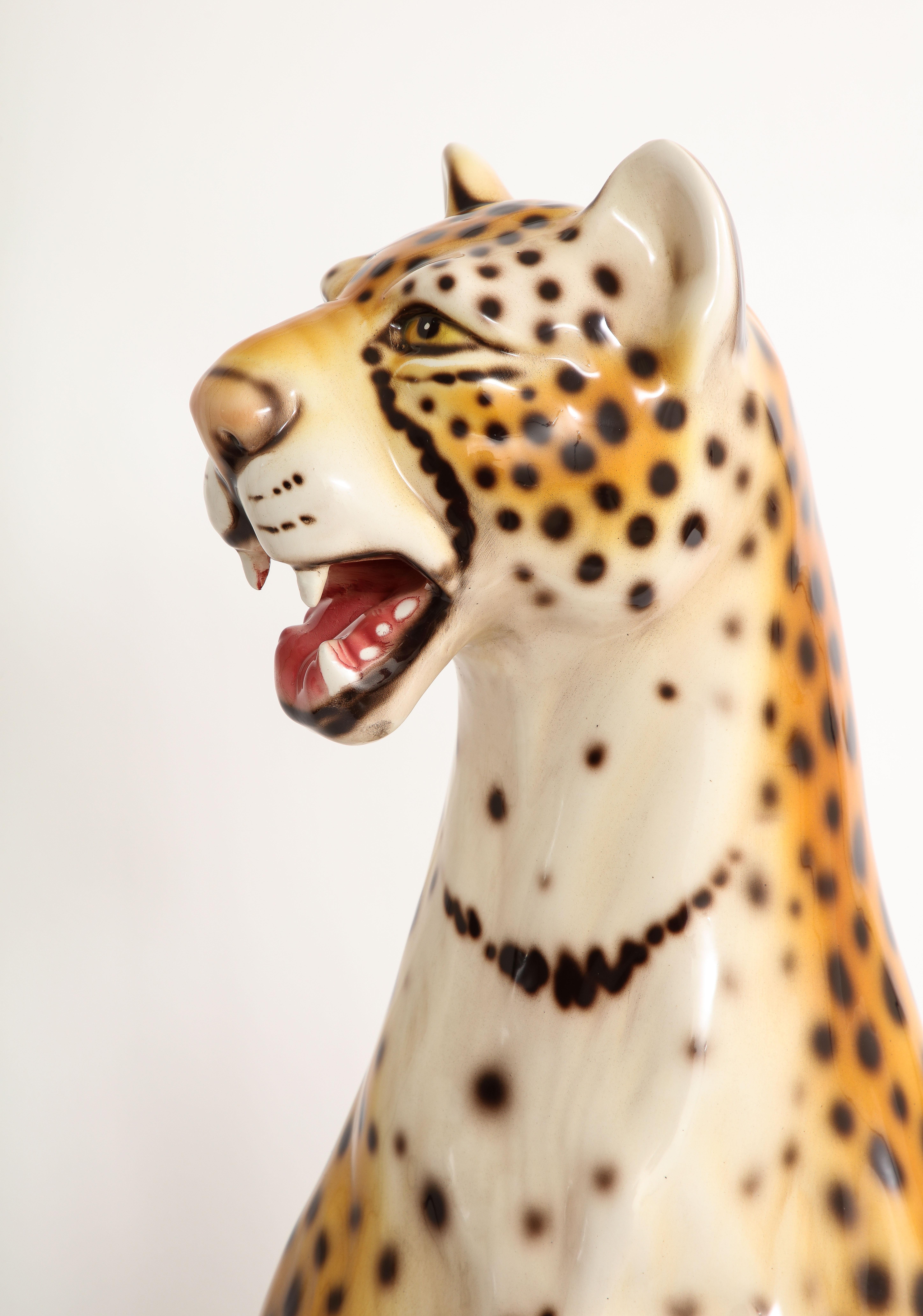 Hand-Painted Large Mid-Century Modern Italian Ceramic Sculpture of a Seated Jaguar