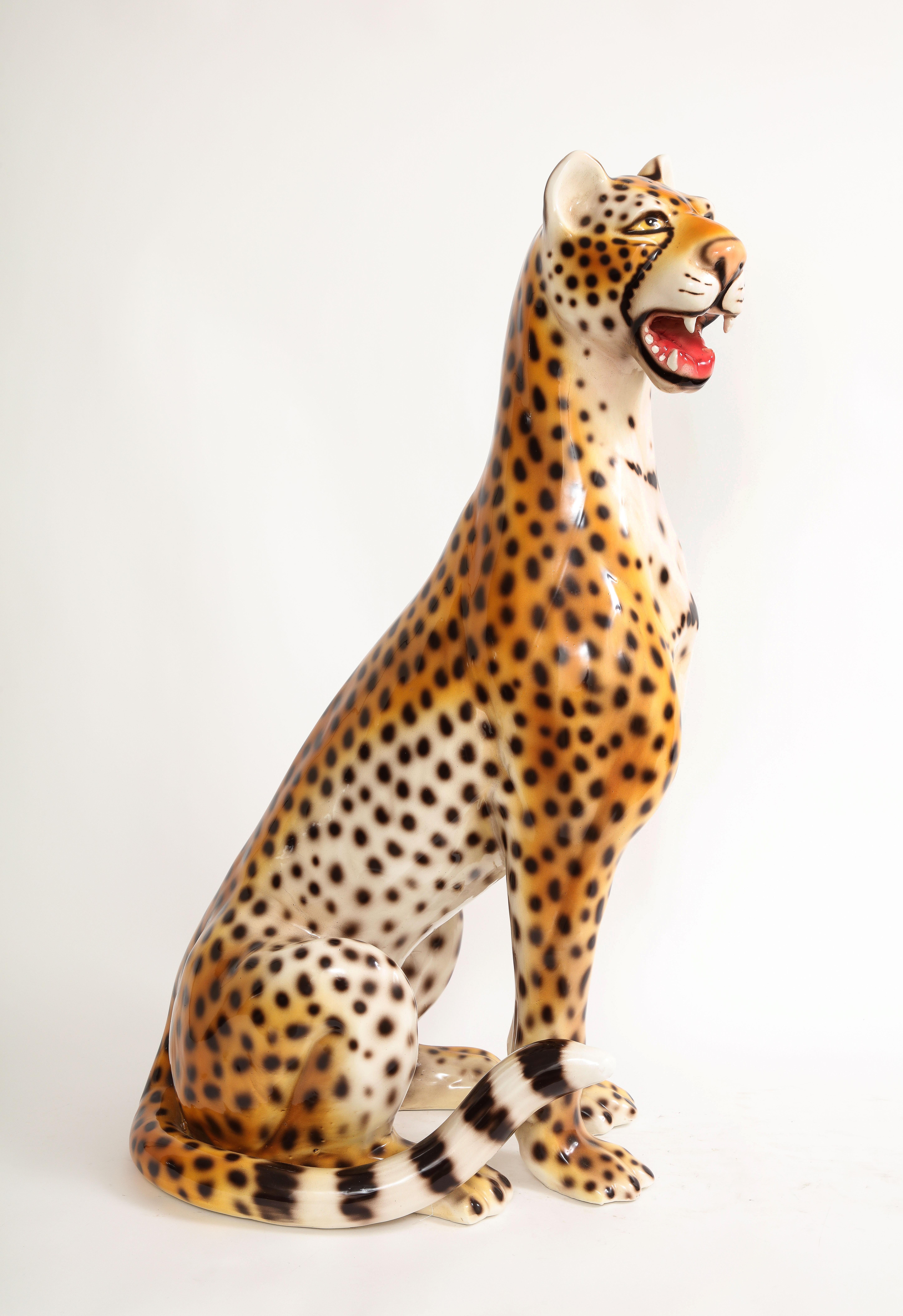 Large Mid-Century Modern Italian Ceramic Sculpture of a Seated Jaguar In Good Condition In New York, NY