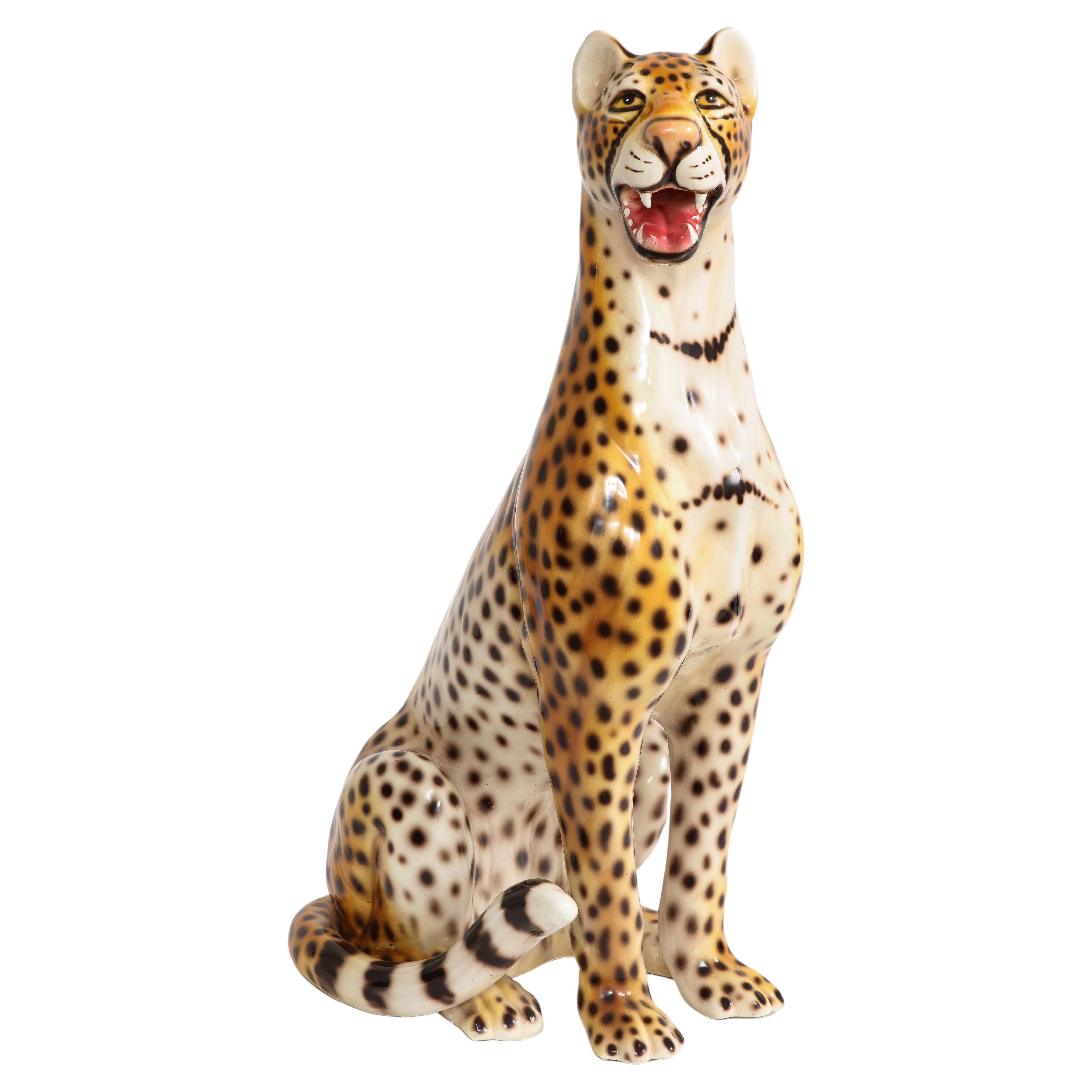 Large Mid-Century Modern Italian Ceramic Sculpture of a Seated Jaguar