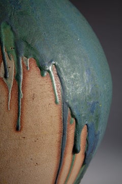 Large Midcentury French Blue Art Pottery Vase as a Table Lamp with Drip Glaze