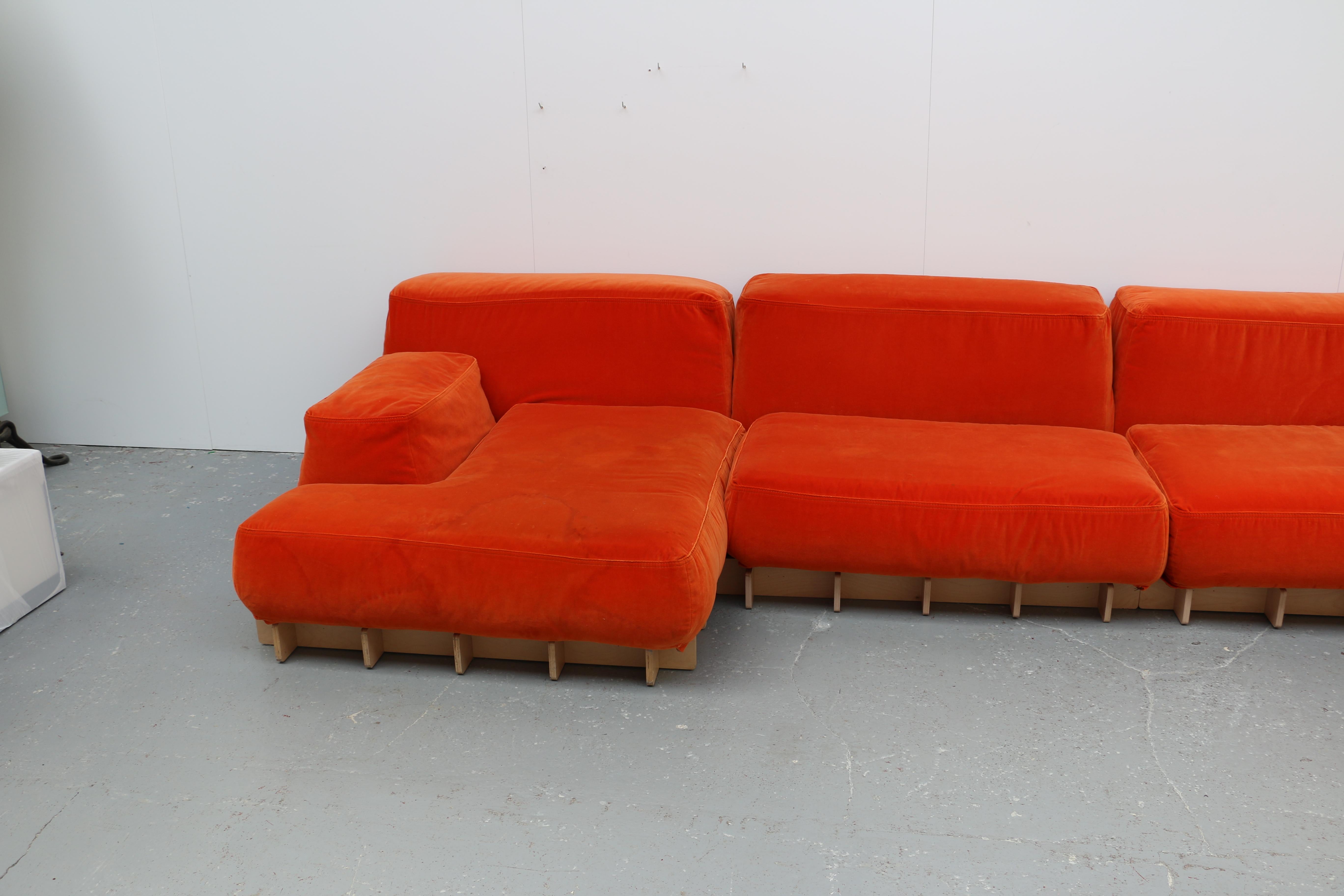 Contemporary Large Modular Sofa in Orange Velvet, Italy, 2000s For Sale