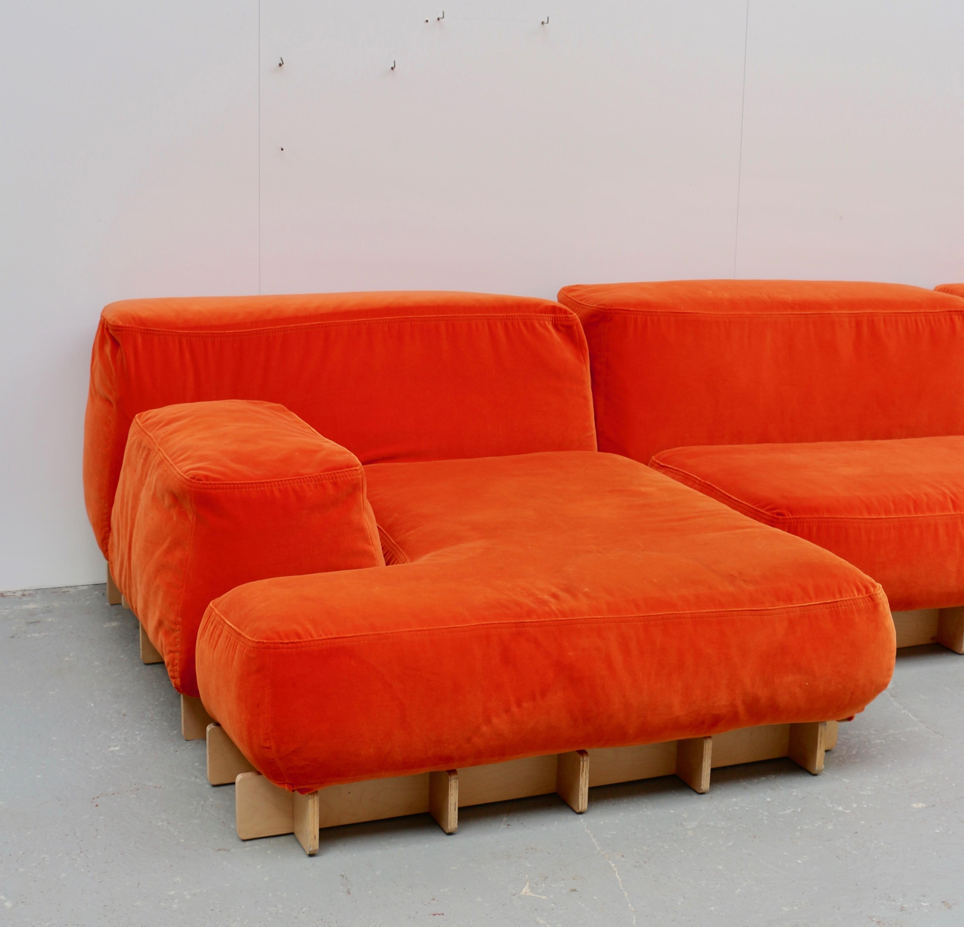 Large Modular Sofa in Orange Velvet, Italy, 2000s For Sale 1