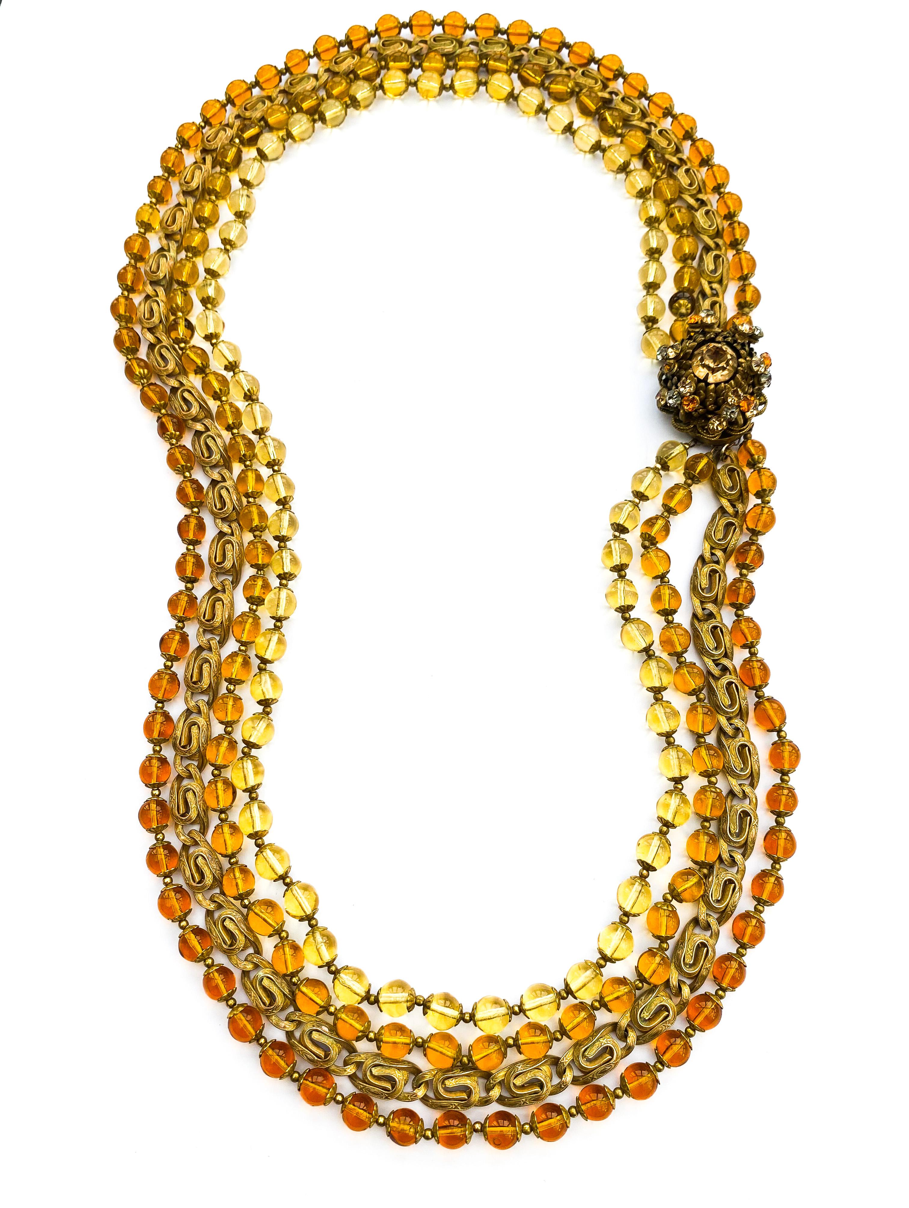 A large multi row necklace of topaz glass beads, Miriam Haskell, USA, 1960s For Sale 6