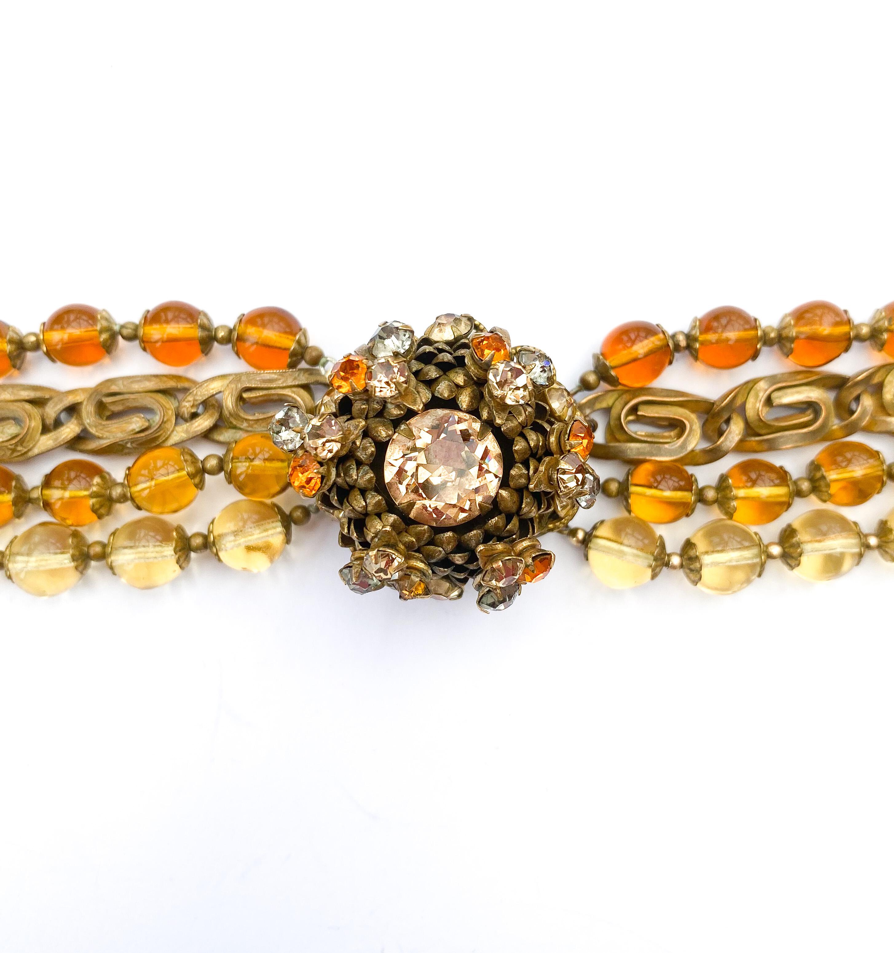 A large multi row necklace of topaz glass beads, Miriam Haskell, USA, 1960s 7