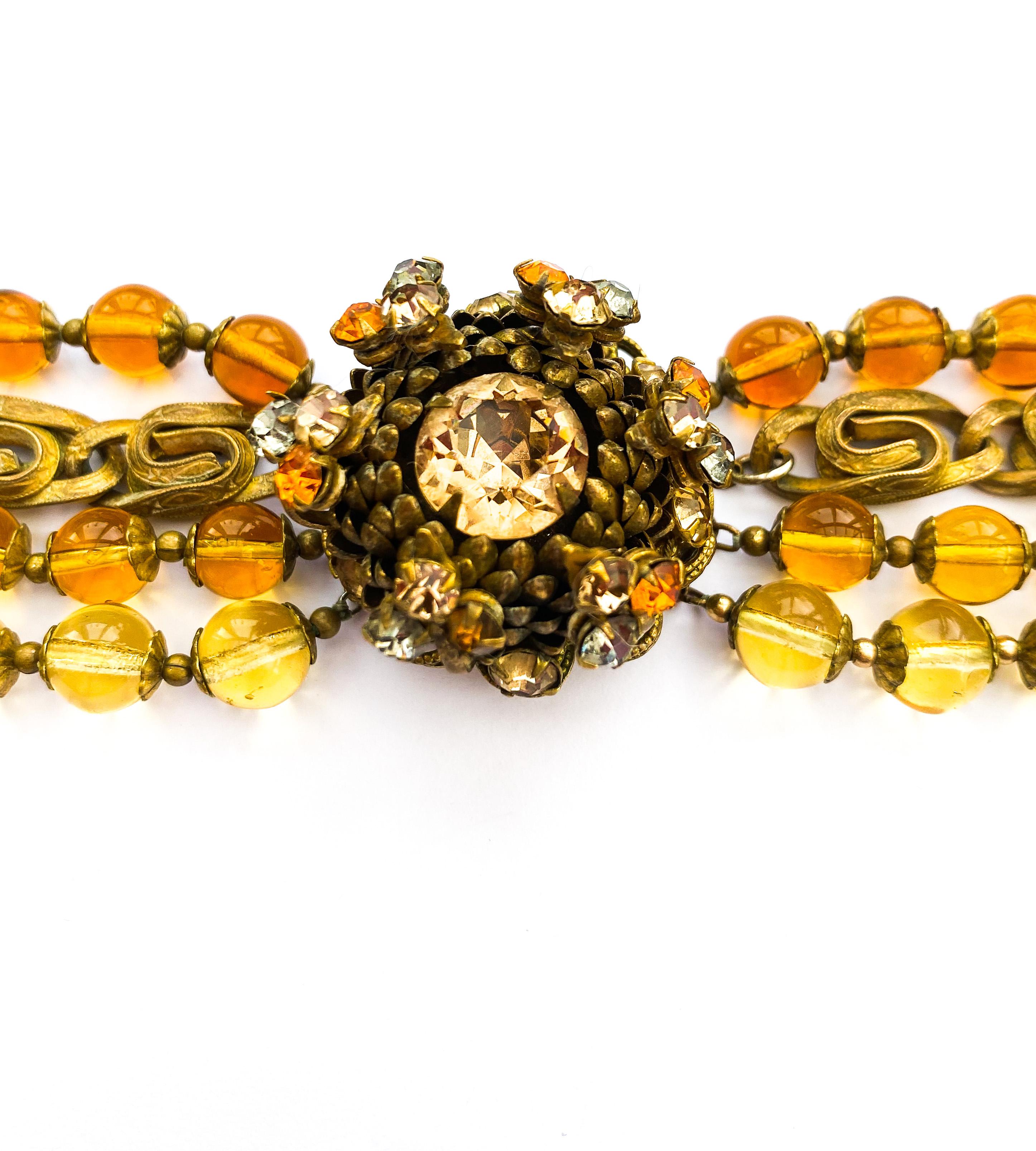 A large multi row necklace of topaz glass beads, Miriam Haskell, USA, 1960s In Excellent Condition For Sale In Greyabbey, County Down