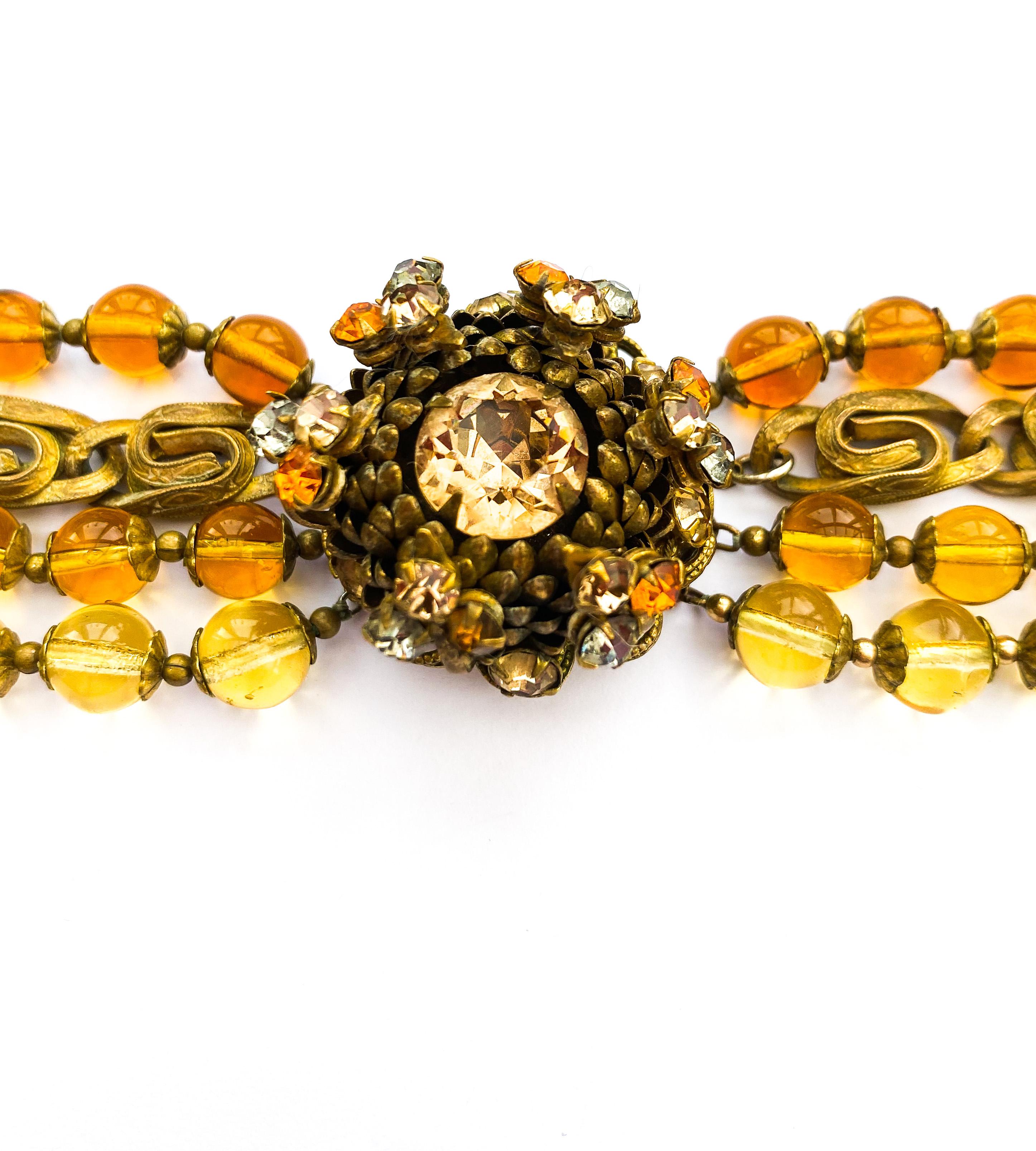 A large multi row necklace of topaz glass beads, Miriam Haskell, USA, 1960s In Excellent Condition In Greyabbey, County Down