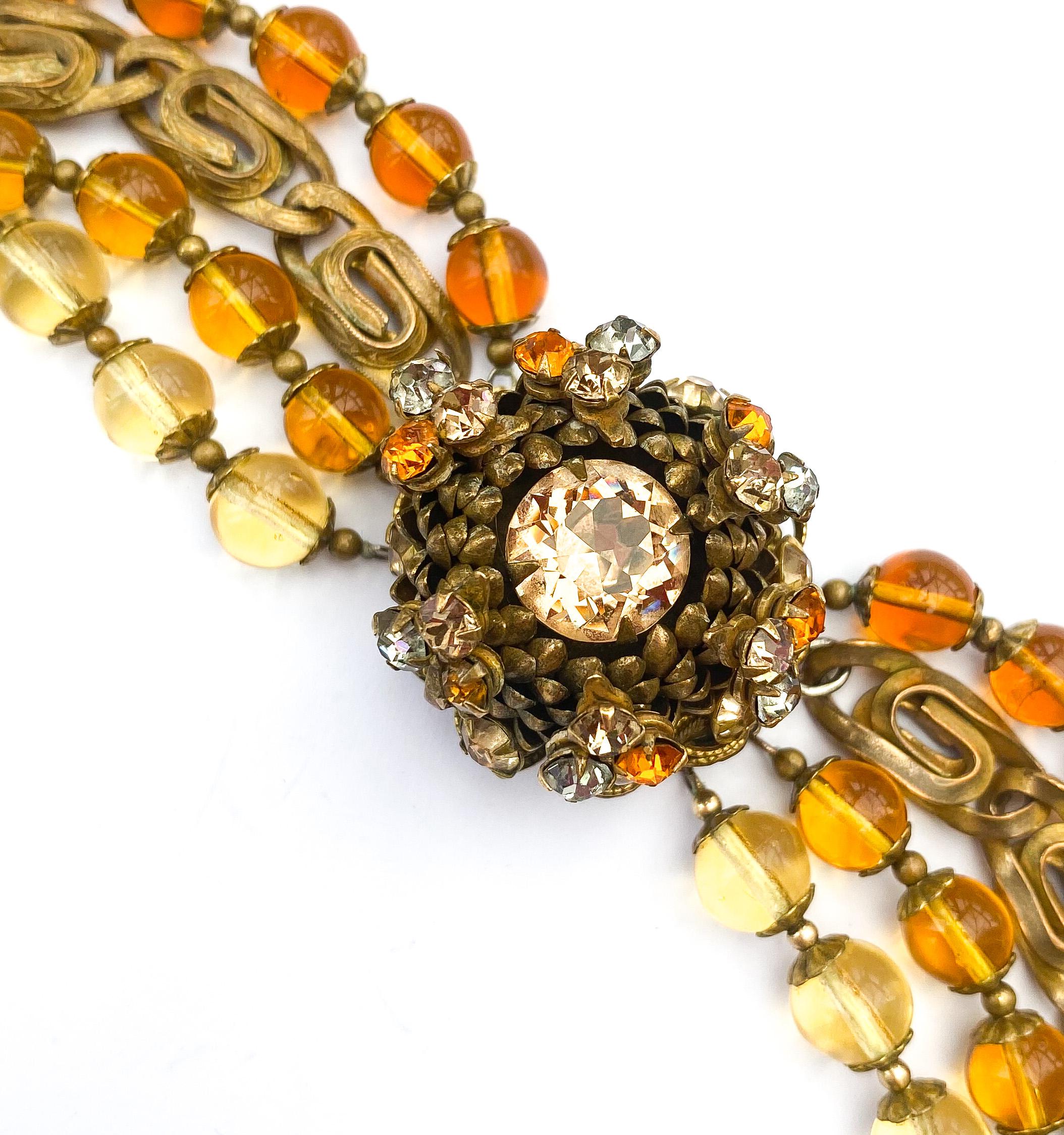 A large multi row necklace of topaz glass beads, Miriam Haskell, USA, 1960s For Sale 1