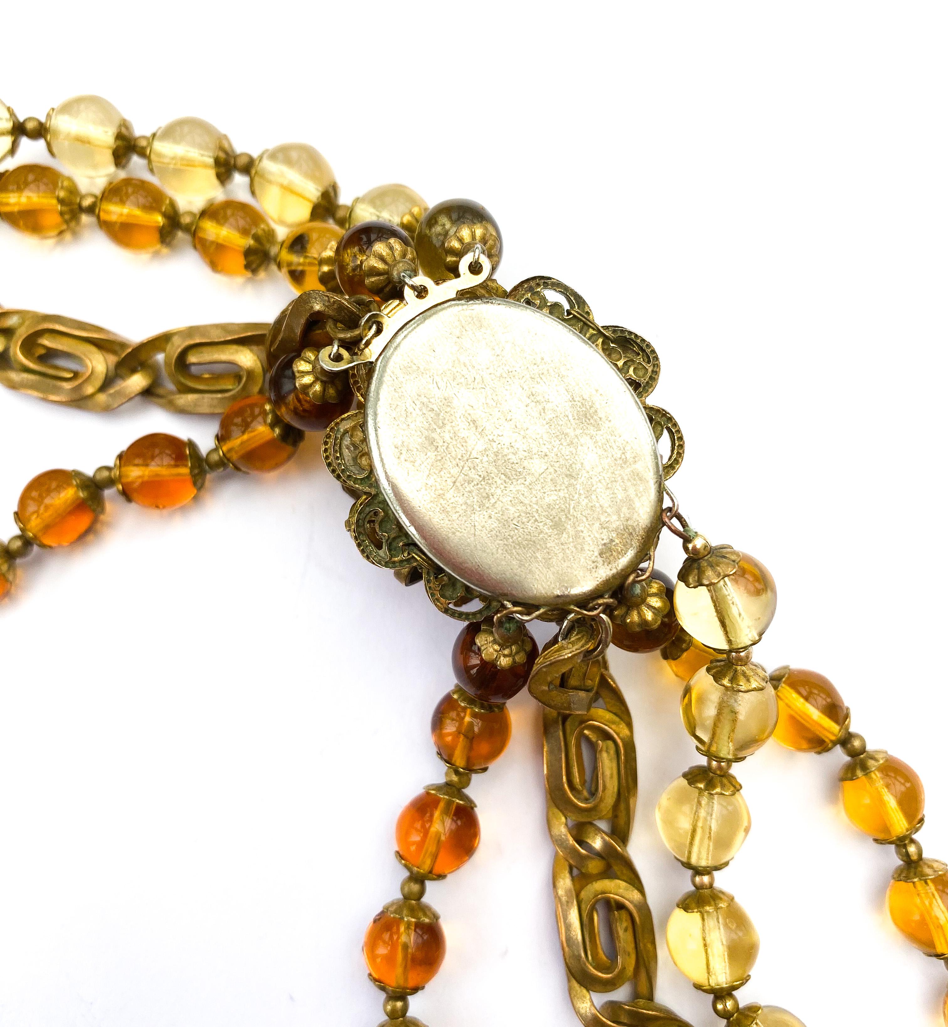 A large multi row necklace of topaz glass beads, Miriam Haskell, USA, 1960s 4