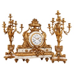 Antique A Large Napoleon III Ormolu & White Marble Double Sided Three Piece Clock 