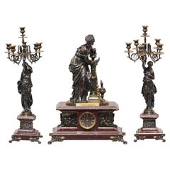 Large Napoleon III Rouge Griotte Marble, Silvered and Gilt Bronze Clock